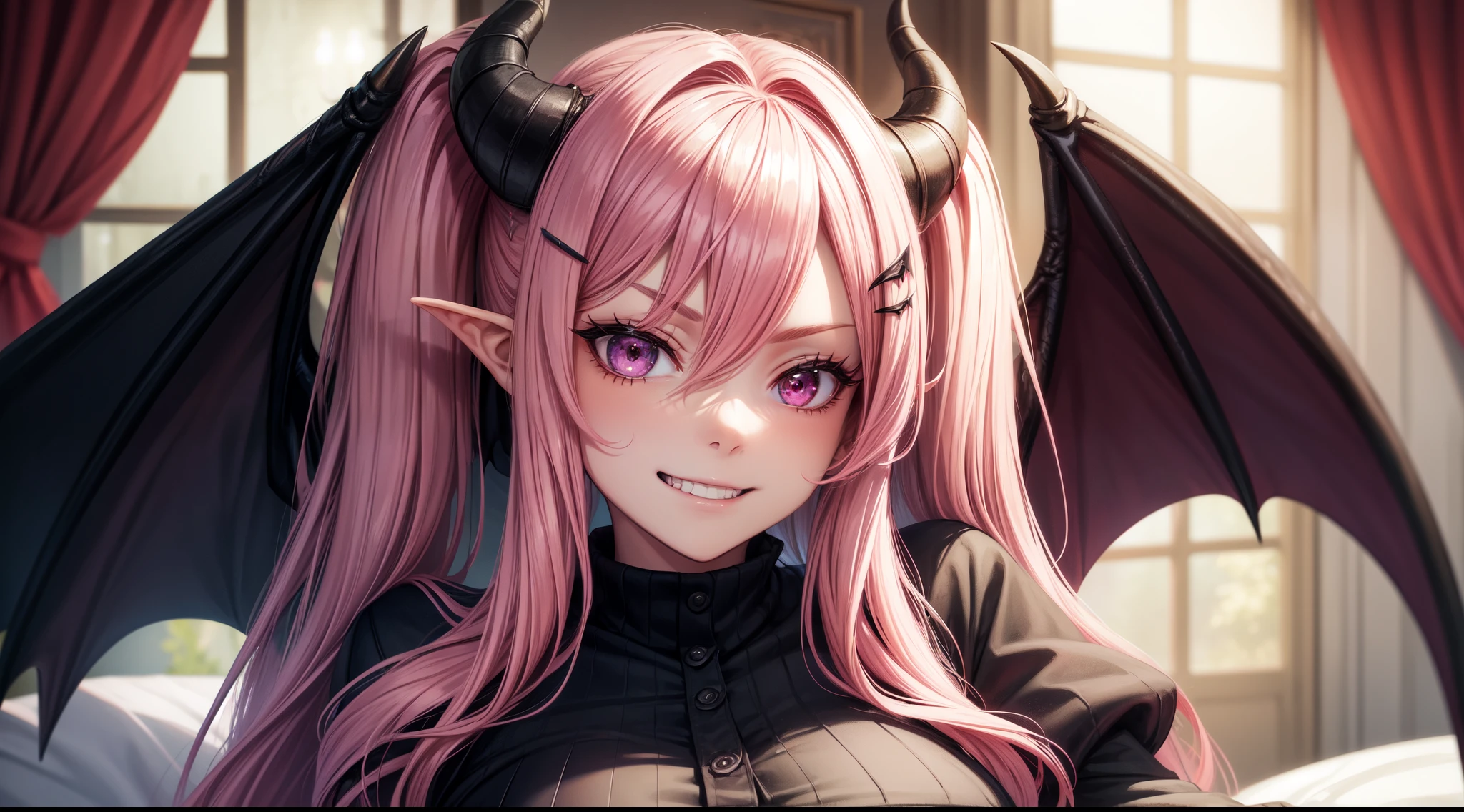 4k, twin tails ,Lens flare, pink hair ,mascara, eyeliner, god rays, 4k, 8k, best quality, masterpiece, hyper detailed, intricate detail, 1girl, solo, detailed, Detailed fuschia hair ++, detailed pink eyes ++, raytracing, perfect shadow, highres, enhanced eyes, huge breasts, horns, succubus wings, succubus, womb tattoo, evil grin, narrow eyebrows, seductive, fangs, hyper detailed, interesting background, , detailed face, detailed clothing. volumptuous, colourful background, evil smile, cardigan, mini skirt,