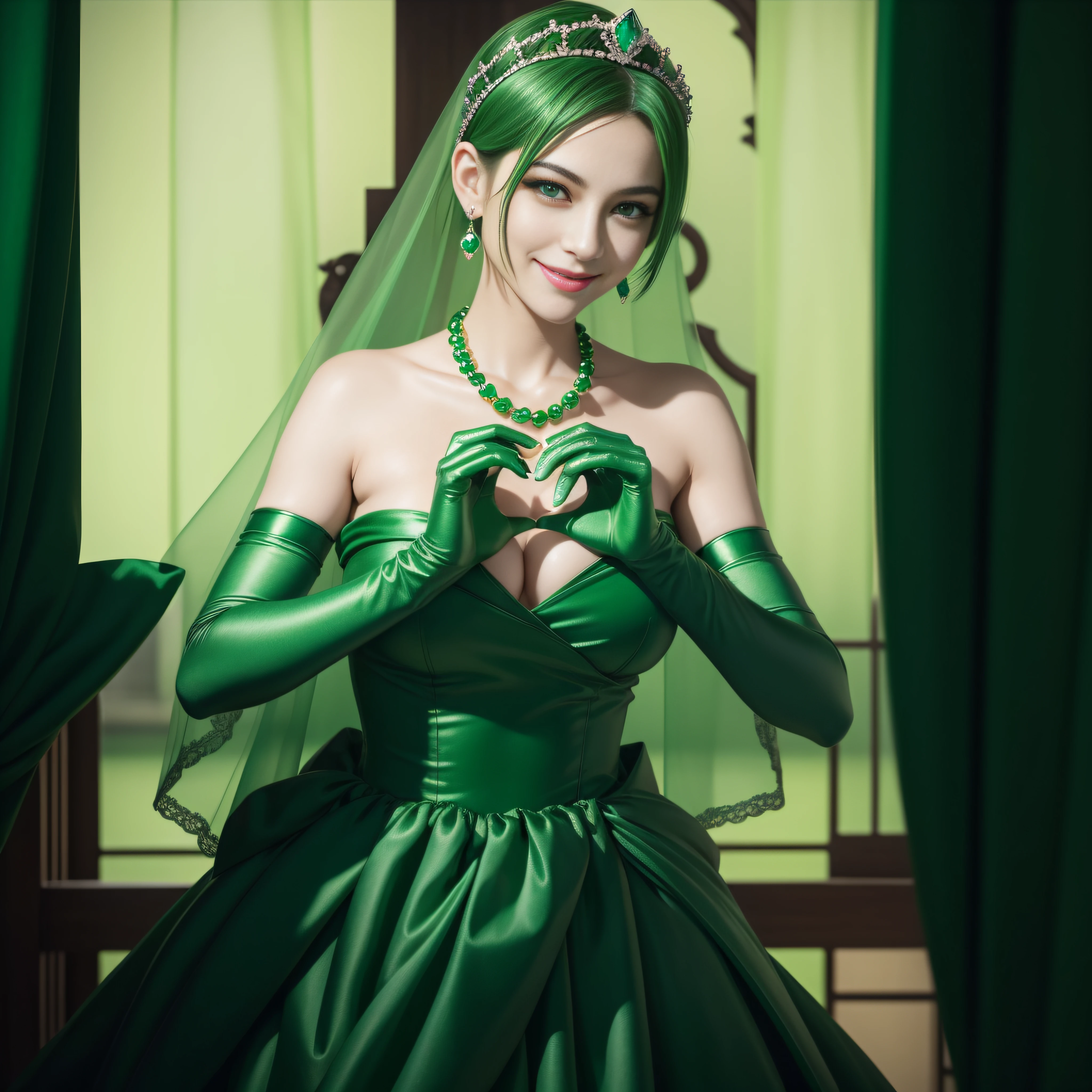 emerald tiara, Green Pearl Necklace, Boyish very short green hair, lipsticks, Japan woman smiling, very short short hair, big breasts beautiful, Green eyes, Long green gloves made of satin material, Green eyes, Emerald Earrings, green vale, Heart with both hands