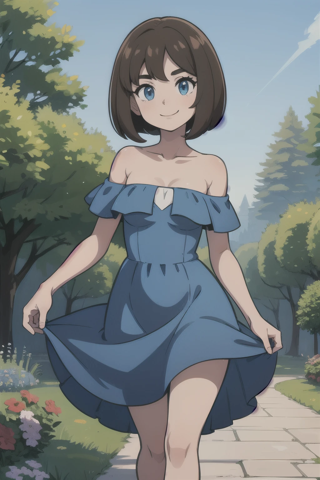 Bianca (pokemon heroes), brown hair, bob cut, medium hair, blue eyes, soft skin, smile, Light Blue Dress, Strapless Light Blue Dress, Ruffle Off-the-Shoulder Top, Off-the-Shoulder Dress, Long Skirt, anime, masterpiece, best illustration, 2d, very high resolution, 1girl, garden, a lot of small details