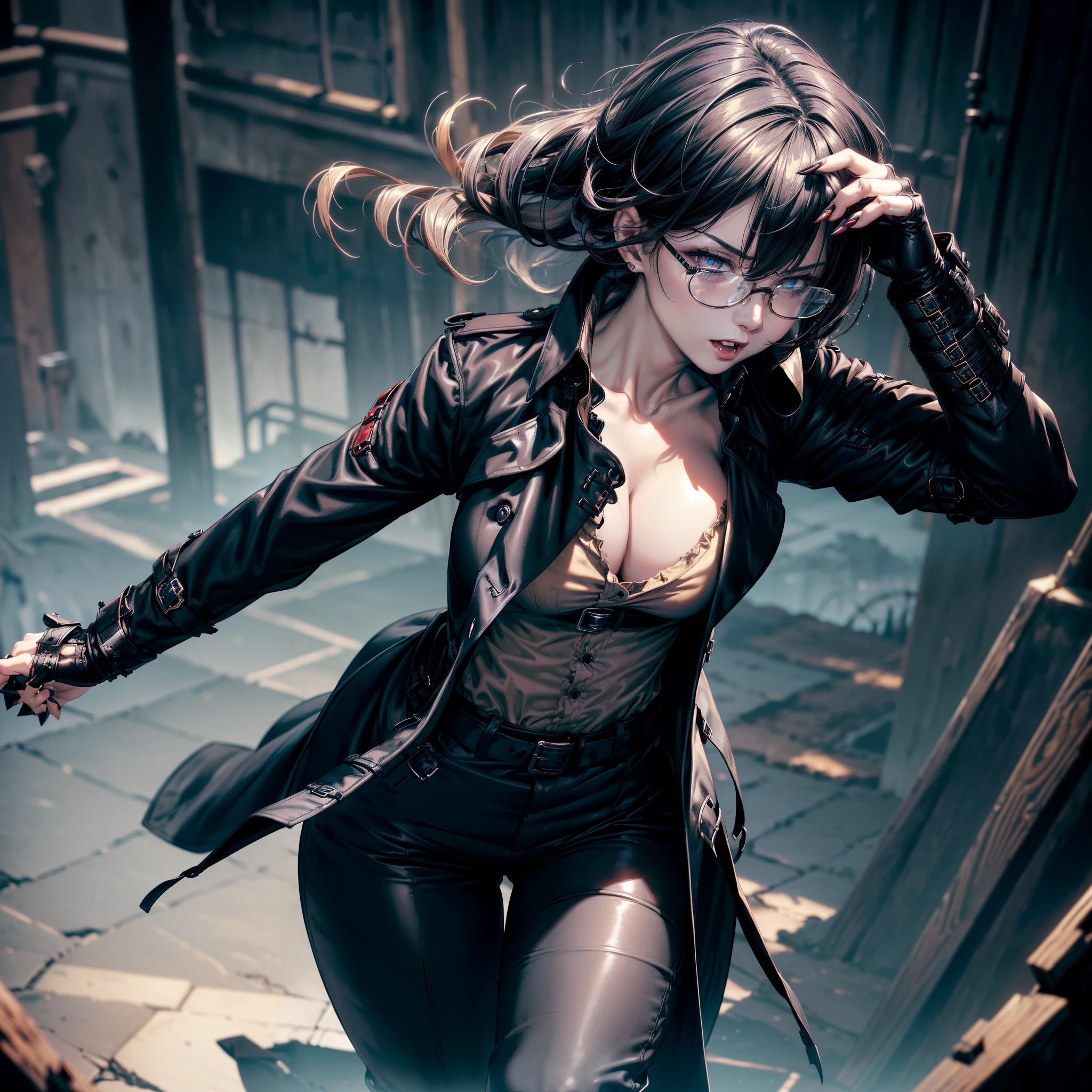 (High resolution, best quality, masterpiece) detail, intricate detail, 1female, ((solo)), physically fit, curvy, pale skin, vampire, fierce expression, dark eyes, (detailed eyes), red_rimmed eyes, sharpened fangs, black hair, short hair, full body, ((detailed hands)), ((pointed fingers)), claws, medium breast, beautiful, cute, dark aura surrounding her, (topwear:(((shirt:black, trench_coat:black)), handwear:((gauntlets), bottomwear:(pants:blue))))), blood dripping, glasses on the top of her head, dark tinted glasses, grinning, cocky expression, menacing, blood spatter