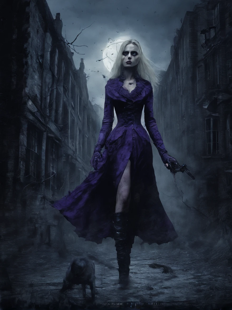 blonde battles brunette. long shot. gothic horror painting in shades of blue and purple. snowy, deserted London street at midnight. (2girls) a black-haired woman with decaying corpse-like face wearing a rotting purple Victorian dress fights an evil blonde vampire wearing white with fangs bared. [cars: 1.3] [technology: 1.3]