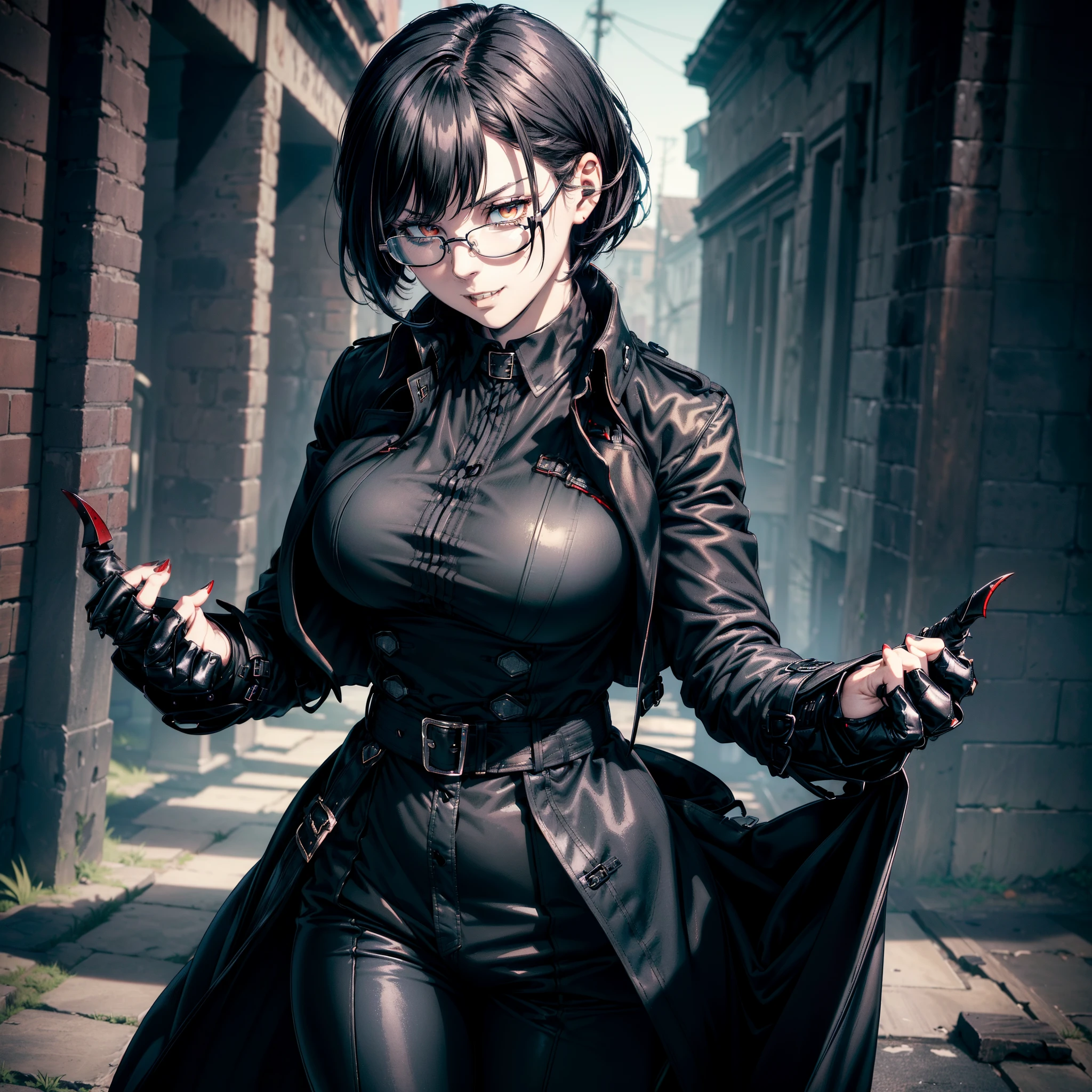 (High resolution), (best quality), masterpiece), (intricate detail), (masterpiece), (intricate detail), solo, (solo), ((solo)), physically fit, curvy, pale skin, fierce expression, dark eyes, (detailed eyes), looking at viewer, red eyes, (detailed hands), closed_mouth, (black hair), shorthair, full body, (lewd expression), medium breast, beautiful, malevolent energy, (topwear:((shirt:black, trench_coat:black)), (handwear:((gauntles)), bottomwear:(pant:blue))), blood dripping, glasses, dark tinted glasses, smirking, menacing, surrounded by bats, castle background, bats