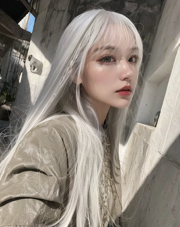 Mulher loira com longos cabelos brancos e franja posando para uma foto, longos cabelos brancos e franja, com cabelos longos brancos, franja branca, com longos cabelos brancos, cabelo whitebangs cabelo, branco hime corte penteado, pale hair, menina com cabelo branco, Ulzzang, her hair is white, flowing white hair, cabelo branco bonito, cabelo comprido com franja completa