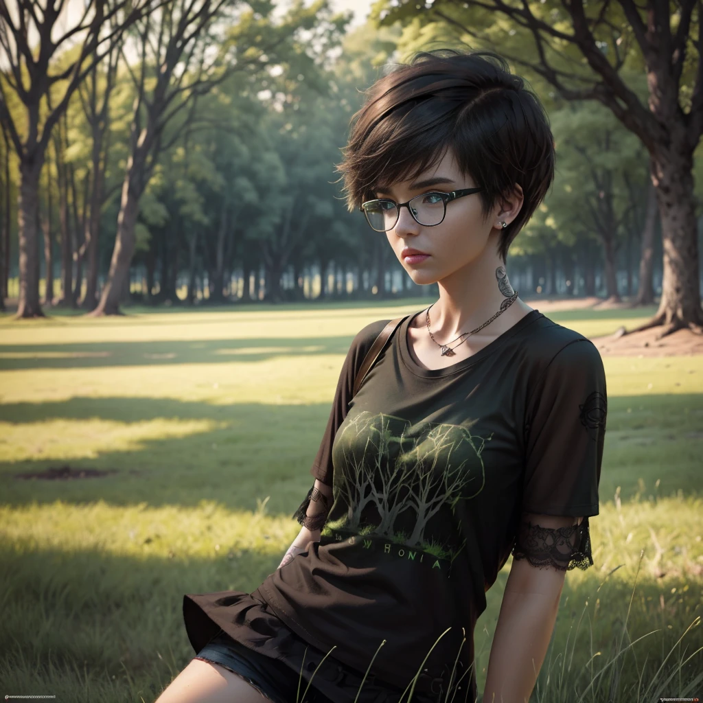 punk girl wearing glasses and a dark shirt, blurred green grass and trees in the background, short brown hair, detailed face, high quality, high resolution