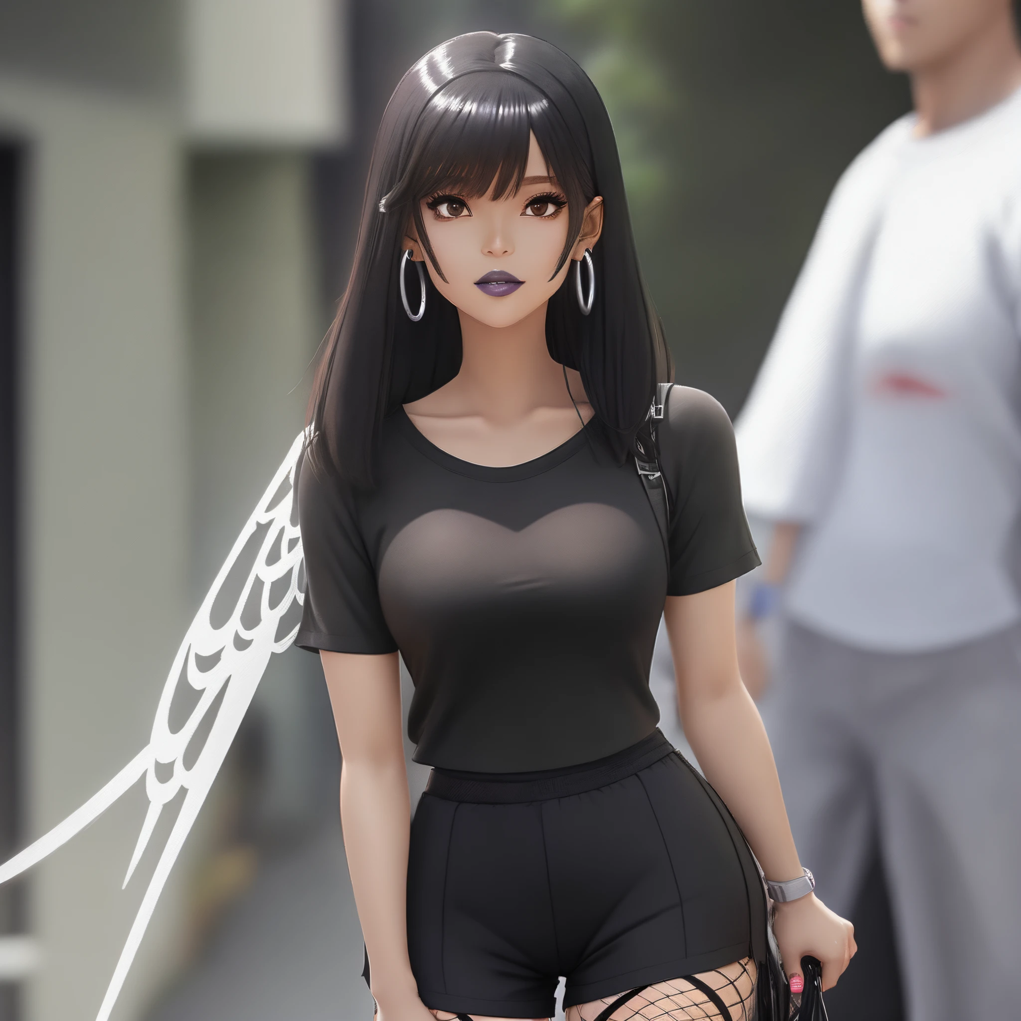 anime cartoon brown skin woman, mid length black hair wearing a black tight shirt and shorts with fishnets, long black nails, silver hoops , black lipstick, winged liner and long eyelashes