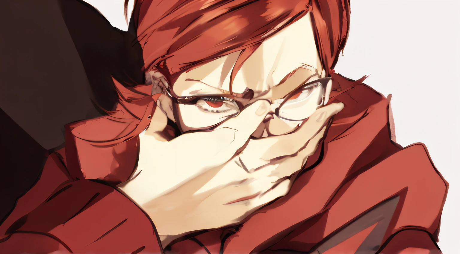 anime character with red hair and glasses holding hand to face, ((vermelho)) olhos baggy, Retrato de Shanks Le Roux, Directed by: Kamisaka Sekka, closeup estilo gesto pesado, seinen manga portrait, por Shingei, Highley rosto detalhado, [[[[sorrindo malvado]]]], Close-up!!!!!!