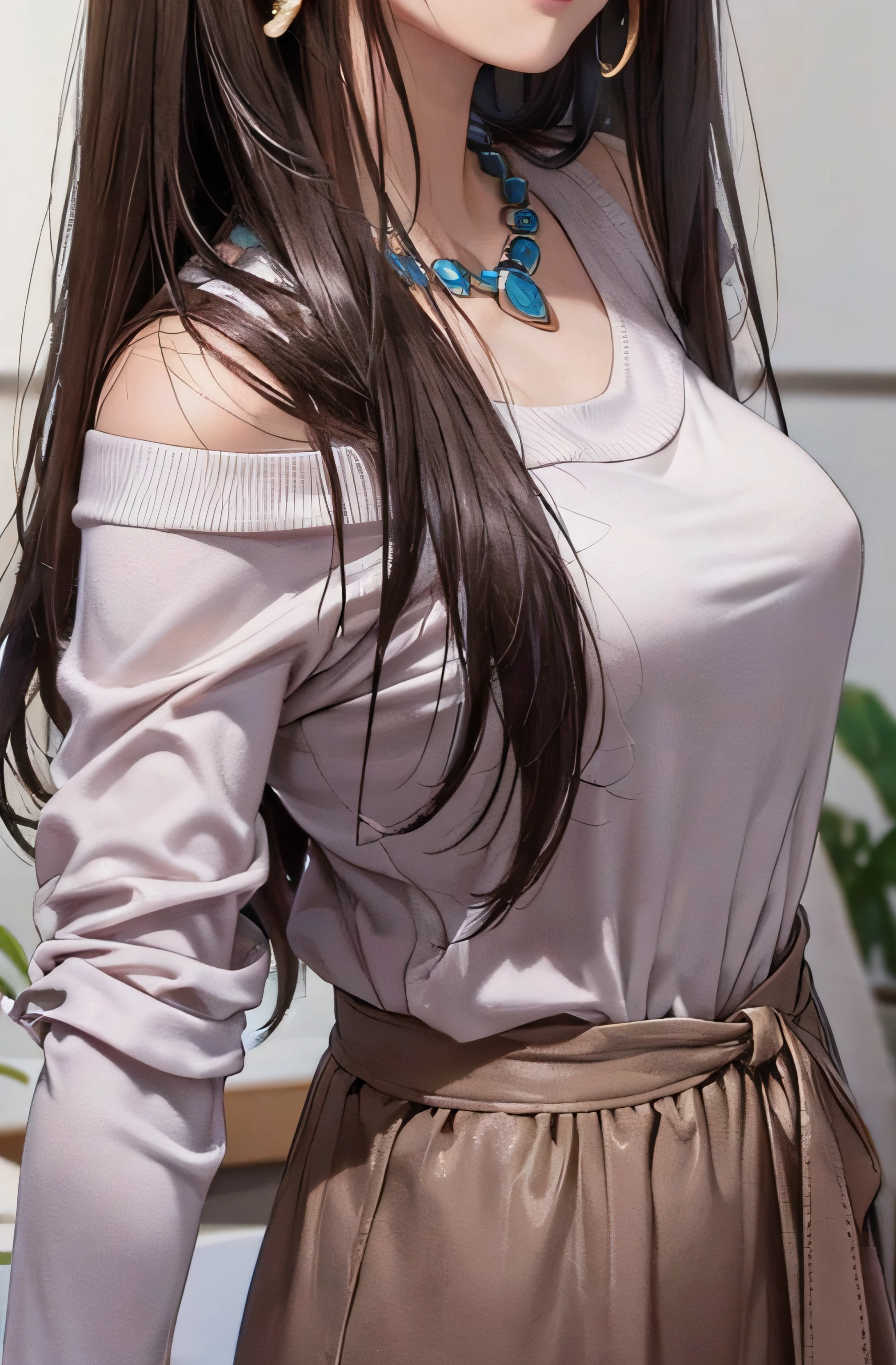 (masterpiece, best quality:1.3), official art, raw photo, (in 8K, Raw photography, top-quality, masterpiece:1.2), (realisitic, Photorealsitic:1.37), sharp focus, professional lighting, close up, Look at viewers,
1 girl, off-shoulder sweater, necklace, earrings, skirt, reaching out,
((very soft breasts, full soft breasts ,white skin)), ((silky long brown hair)), Pink lips, blush, Embarrassed,