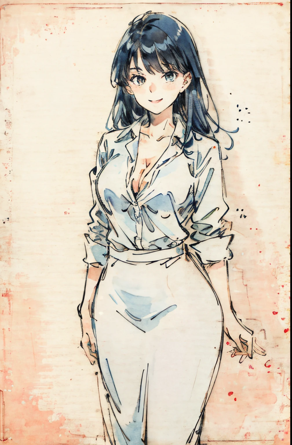 ((masterpiece, best quality)), (1girl),((mature female)), blue hair, ((office lady )),bangs,middle breast,(busty),slim,smile, [wide hips],office,standing