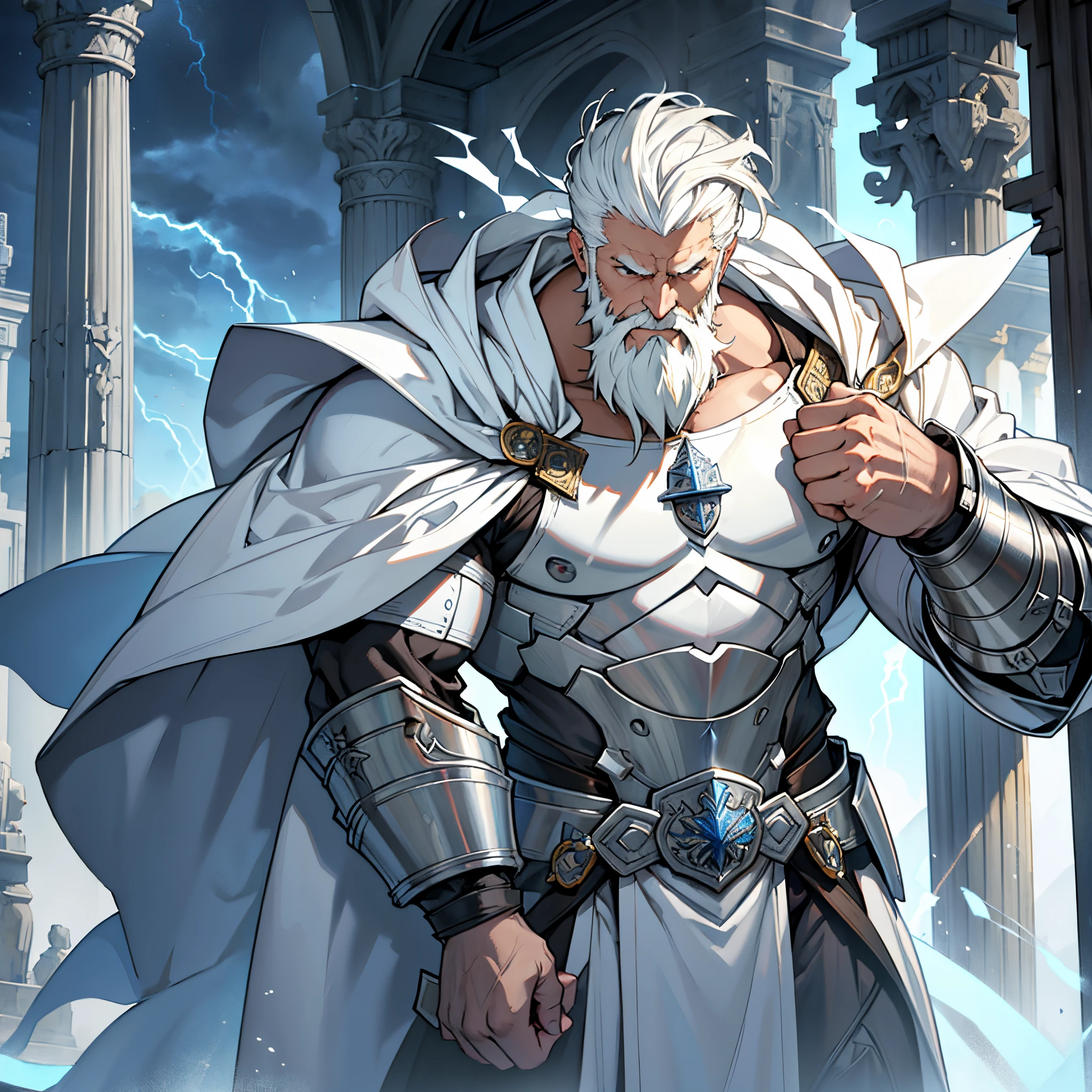 masterpiece, 4k, Large elderly knight wearing full body steel armor,White Cloak, white neat hair,nice beard,imperial royal family, salama, thunderstorm, thunderbolts, Background with: Temple of Zeus struck by lightning