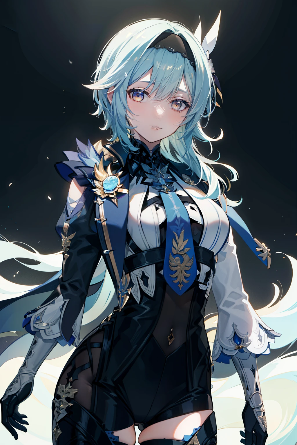 Illustration, UHD, retina, masterpiece, accurate, anatomically correct, super detail, high details, high quality, award winning, best quality, highres, good anatomy, 1080P, HD, 4K, 8k, 16k, 1girl, dynamic pose, androgynous, portrait, eula, genshin impact, looking at viewer, lighting, shading, rendering, big chest, detailed hair, detailed clothes, detailed eyes