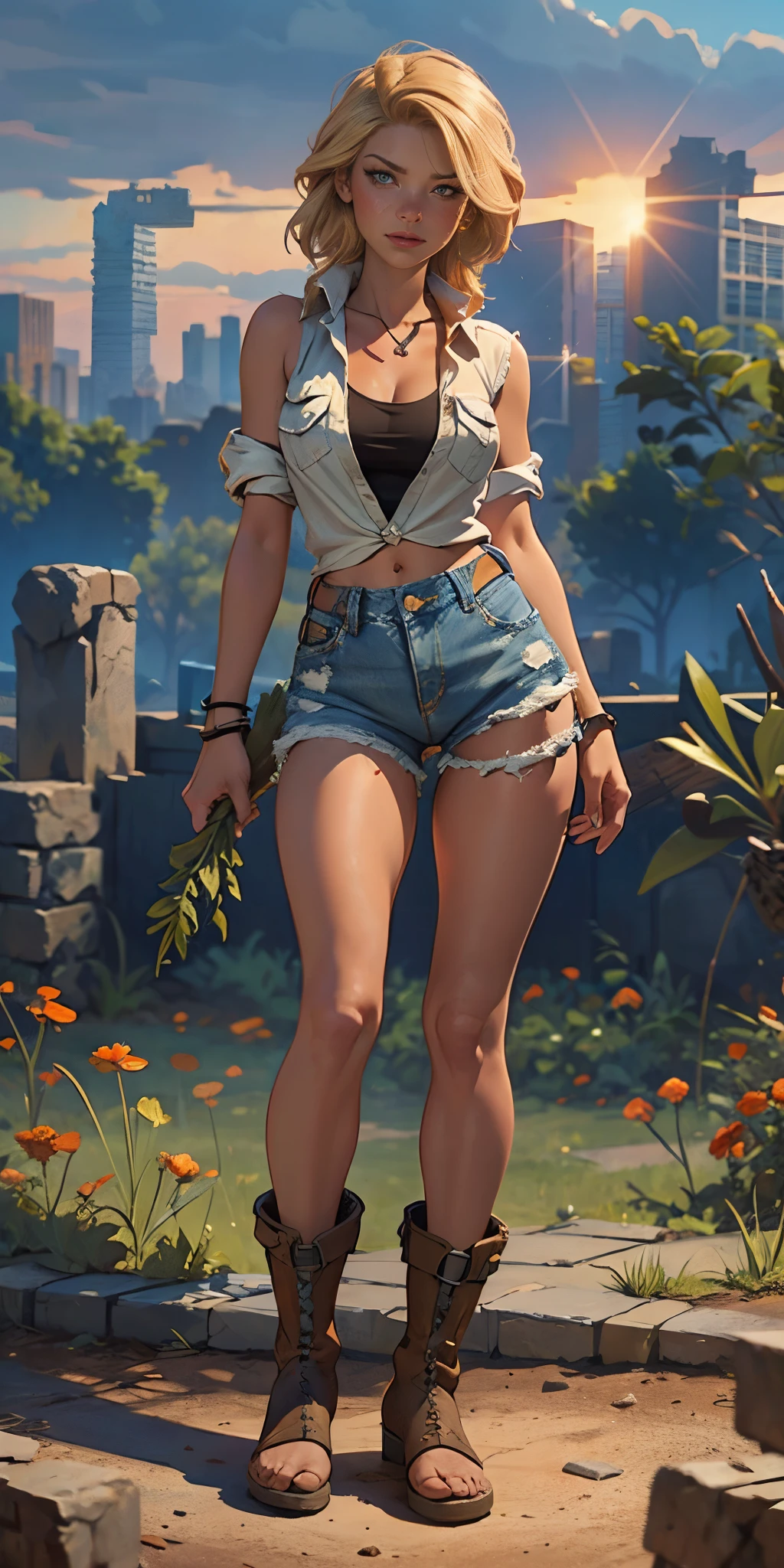 2076 year. The Urban Ruins of the Wasteland, Female huntress on her knees pulling carrots in the garden, beautiful face, blonde, torn shirt and denim shorts , long legs, sweating through, sun rising, Nice warm colors, head to toe full body shot