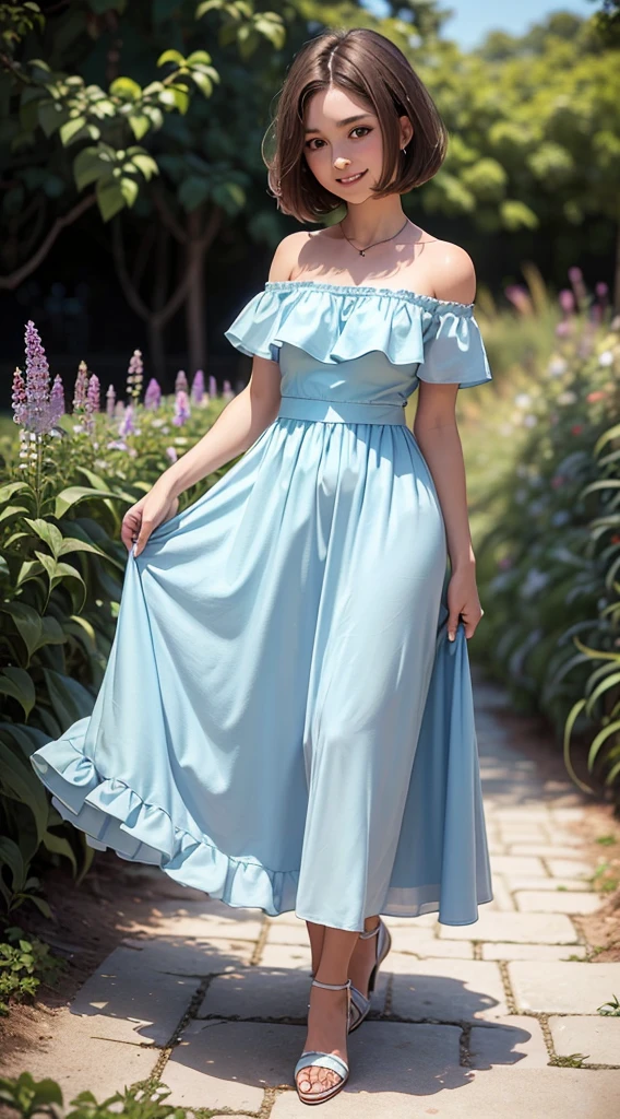 A curvy German girl with brown shoulder-length hair wearing a blue long dress but you can&#39;t see her face and she is sitting in a coffee shop in Erfurt 
