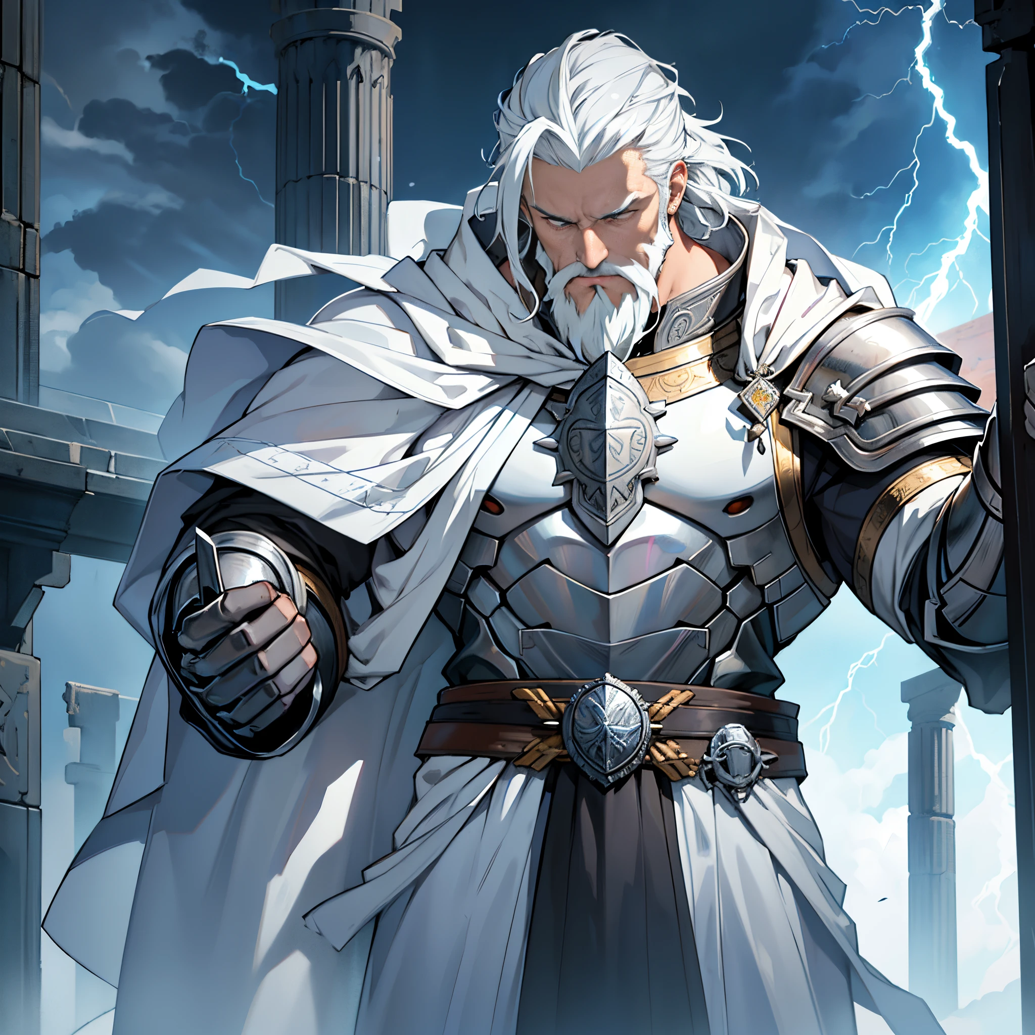 ​masterpiece, 4k, Large elderly knight wearing full body steel armor,White Cloak, white neat hair,nice beard,imperial royal family, salama, thunderstorm, thunderbolts, Background with: Temple of Zeus struck by lightning