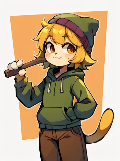 Yellow hair, Yellowish orange fur, green hoodie, brown pants, female, neco arc, cat, holding stick, purple beanie