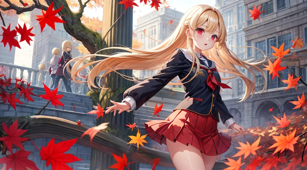 (High resolution:1.1), (absurderes:1.1), Best Quality, Ultra high definition, The highest resolution, Very detailed, Highly detailed face, Anime, 1girl in, anmi, Cute Girl, , blue bowtie, (Red cardigan:1.1), Blue skirt, plaid skirts, (micromini skirt:1.1), micromini skirt, sun light, Long hair, Blonde hair, black kneehighs, Spread legs, White panties, Trees, Autumn leaves, Carpet of fallen leaves