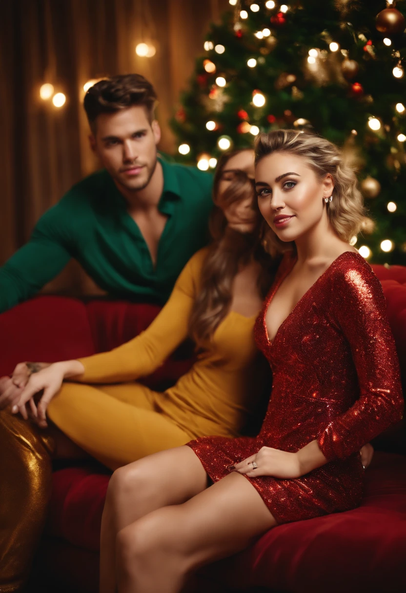 3/4 view, a hyperdetailed analog photograph of a 28yo couple-man and woman sitting on sofa in the Christmass room , Model, similar to Miley Cyrus tender and nice , stylish mini dress, detailed face, realistic eyes, big boob