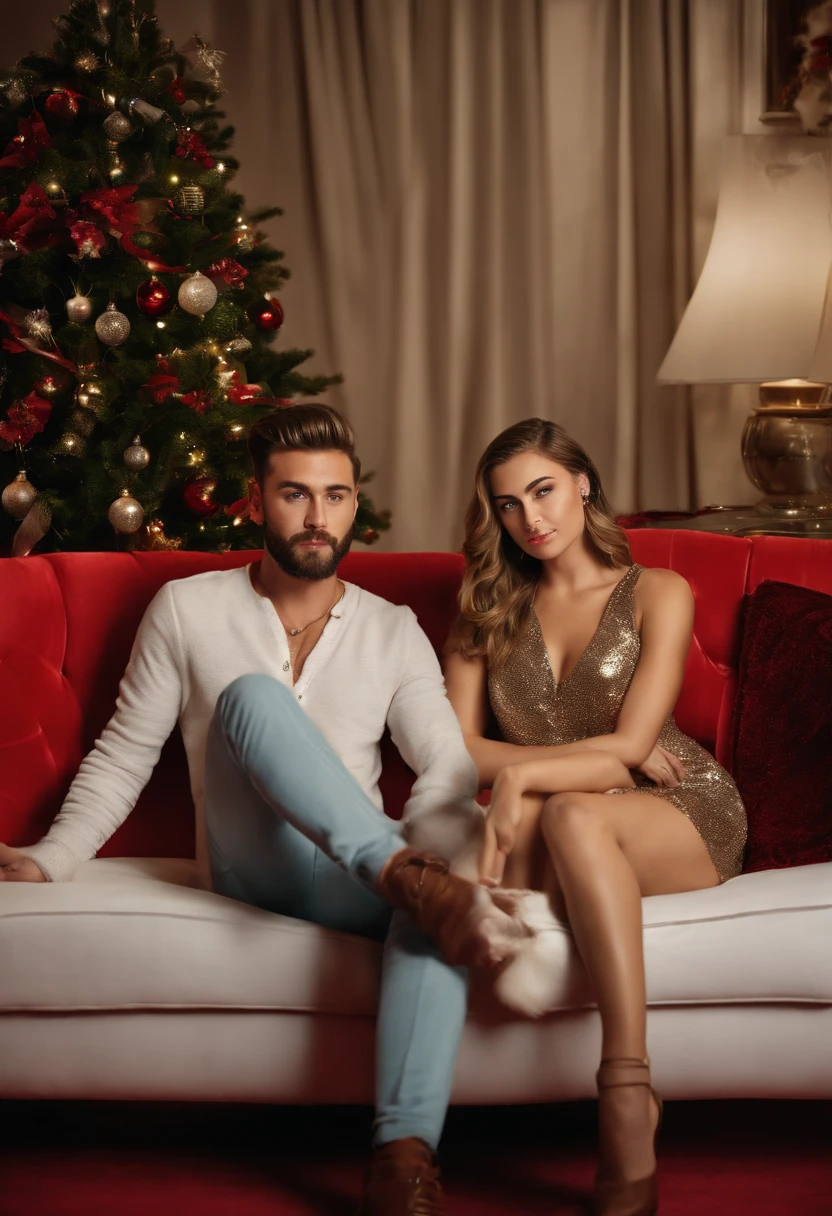 3/4 view, a hyperdetailed analog photograph of a 28yo couple-man and woman sitting on sofa in the Christmass room , Model, similar to Miley Cyrus tender and nice , stylish mini dress, detailed face, realistic eyes, big boob