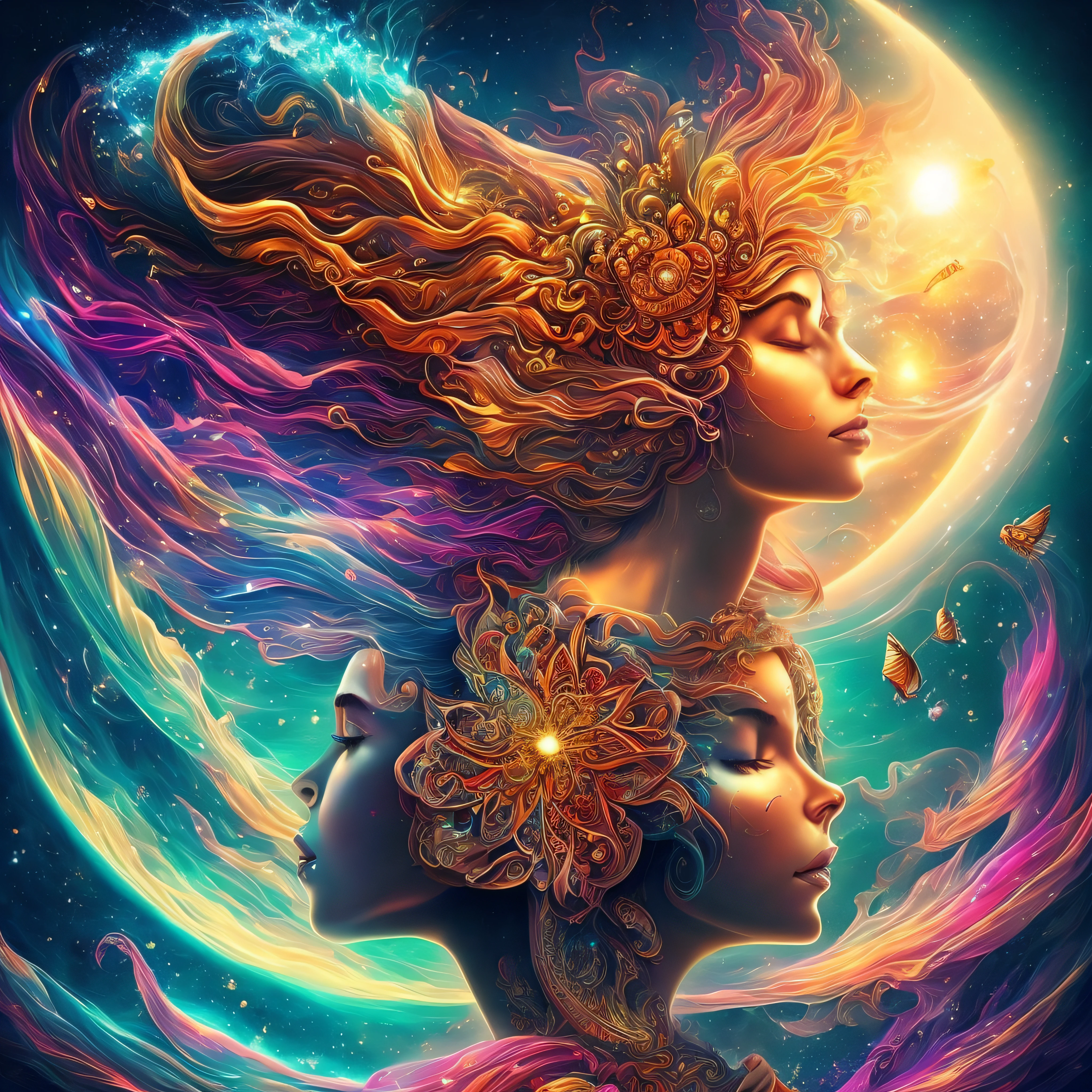 Plunge into the ether flowing with the eternal soul through the vibrations of love, Everything is connected, Flowing energy, spiritual, divine, Dreams, cosmic, concept-art, Blowing the mind, Female beauty, god, Pineal gland, dreamlikeart