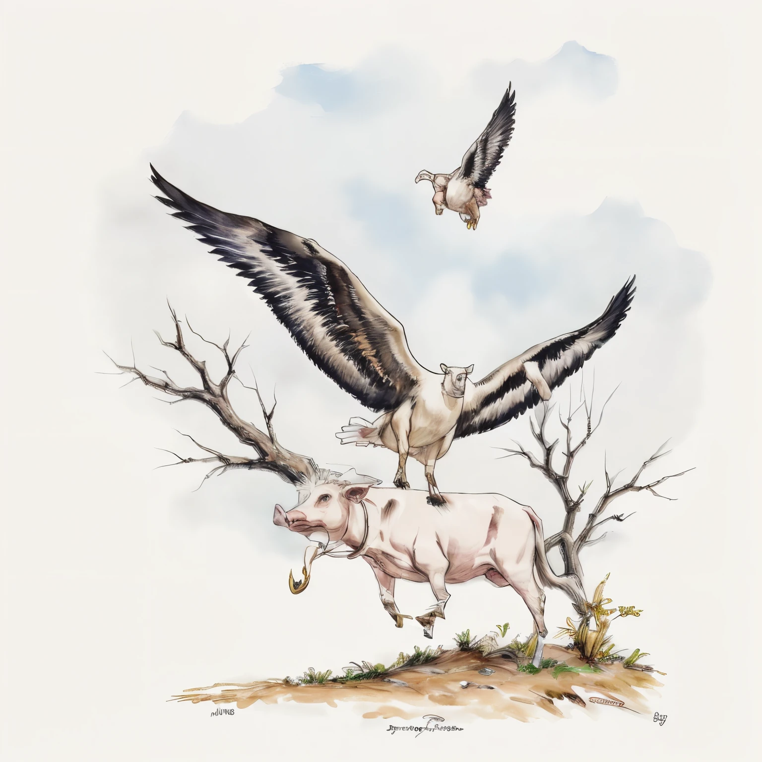 Pigs with wings,Pig head replaced by cow head,Animals fly in the air with wings