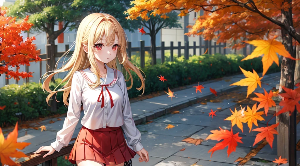 a blond、red eyes、One pretty girl、animesque、a miniskirt、leaves falling、Crooked tree、sullenness、the wind、Contre-Jour