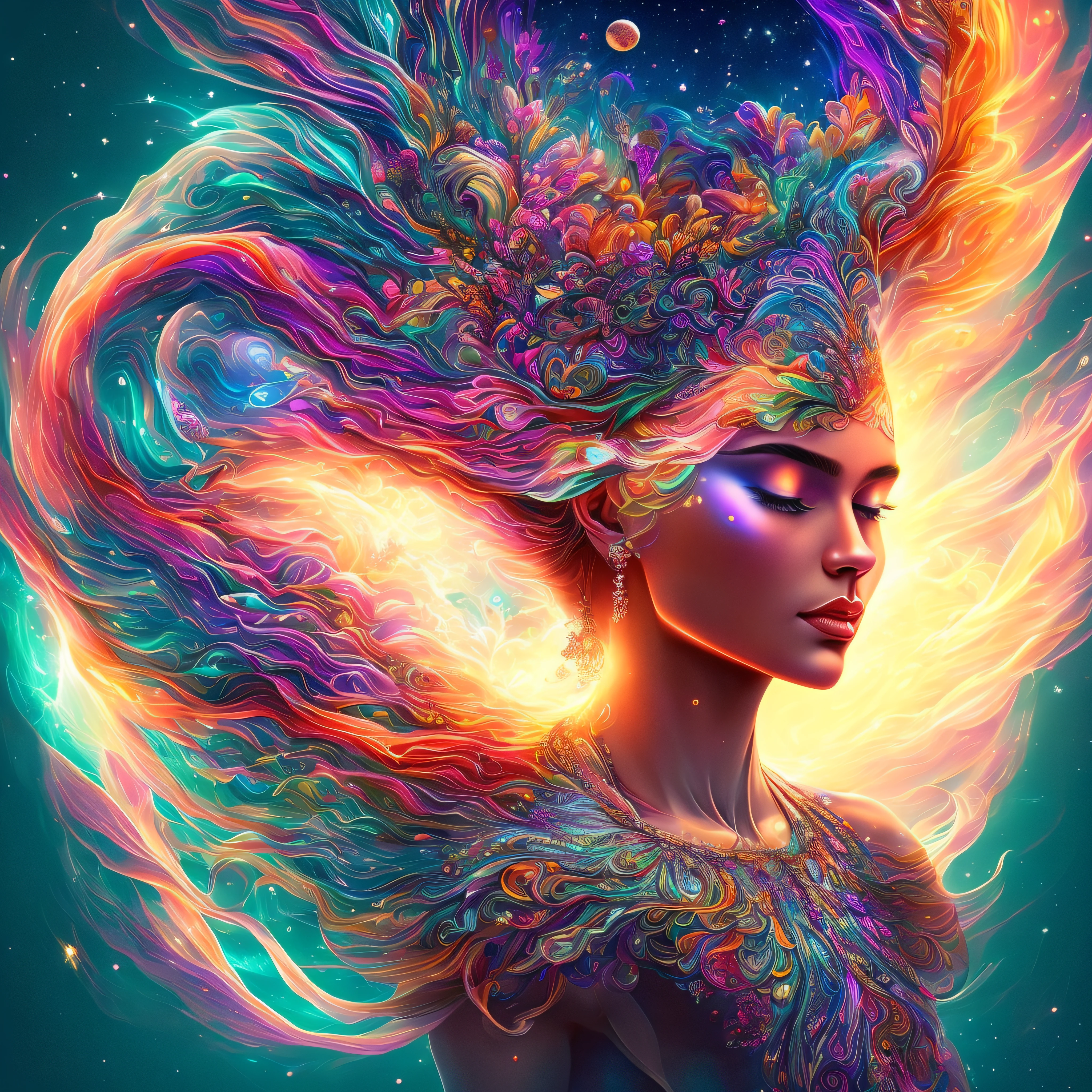 brightly colored woman in flowing dress with flowing hair and lights, colorfull digital fantasy art, karol bak uhd, beautiful gorgeous digital art, beautiful digital artwork, beautiful art uhd 4 k, light effect. modern fantasy, gorgeous digital art, digital art fantasy art, beautiful digital art, digital artwork 4 k, very beautiful digital art, light effect. feminine