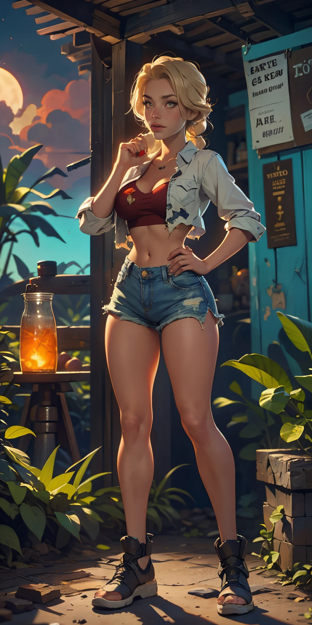2076 year. The Urban Ruins of the Wasteland, Female huntress picking fruit in the garden, beautiful face, blonde, torn shirt and denim shorts , long legs, sweating through, sun rising, Nice warm colors, head to toe full body shot