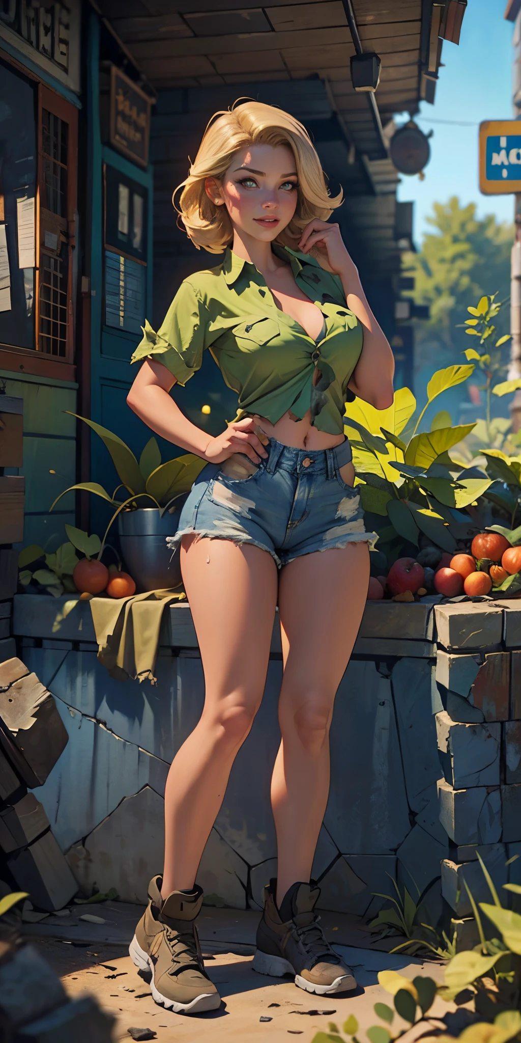 2076 year. The Urban Ruins of the Wasteland, Female huntress picking fruit in the garden, beautiful face, blonde, torn shirt and denim shorts , long legs, sweating through, sun rising, Nice warm colors, head to toe full body shot