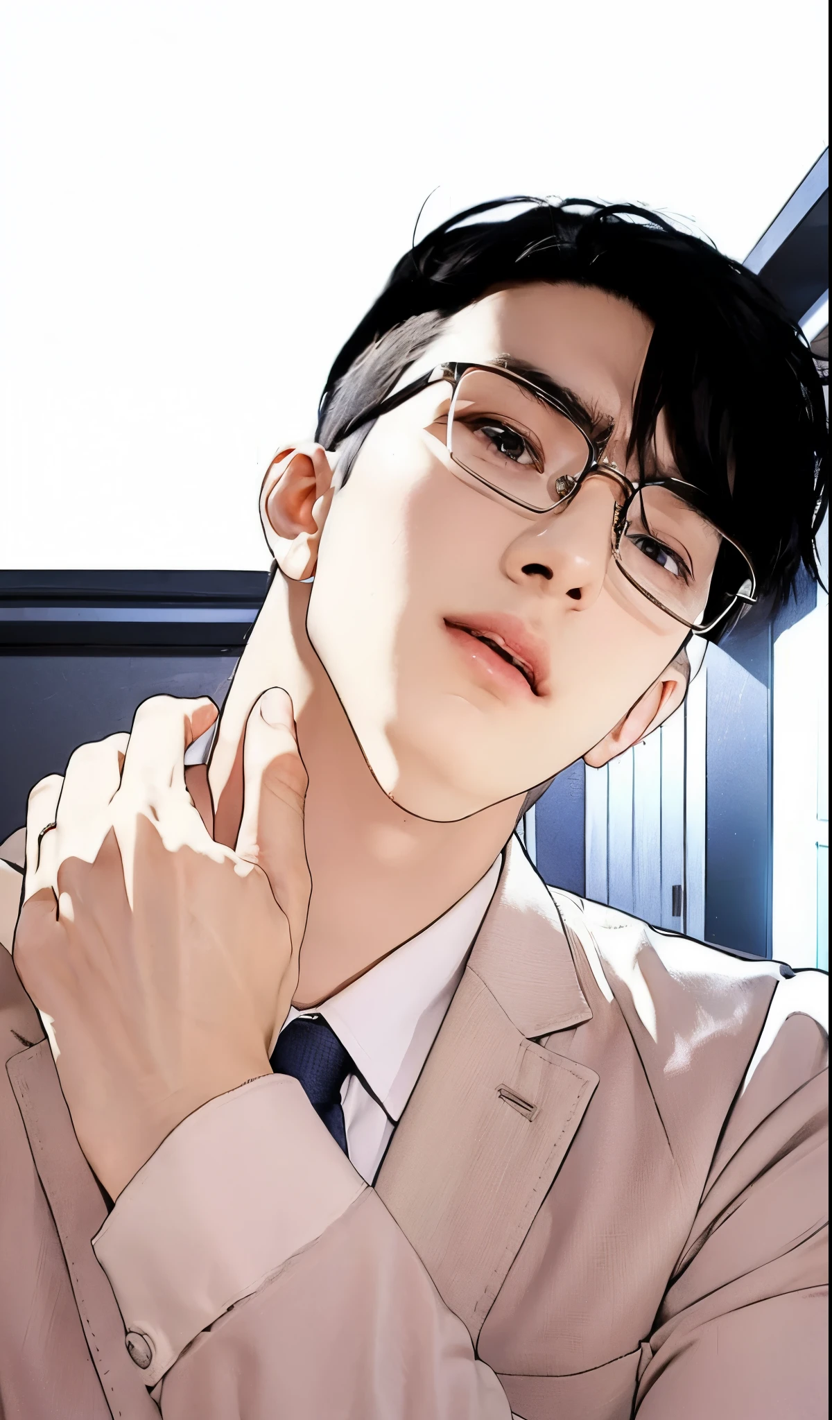 close-up of a man in a suit and glasses, man with realistic short thick black hair, shaved scales, exactly the same hairstyle, realistic beautiful face, realistic expression serious face, adapt the same clothes, realistic realistic light, realistic shadows, Realistic ultra high resolution background.photo-realistic:1.4,UHD. Realistic,High resolution without, Masterpiece, Best Quality, Ultra-detailed, better shadow, voluminous lighting), Super High Quality, High Resolution, 8K, Hyper-realistic portrait , photorealestic, dinamic lighting, voluminous lighting, Very Detailed Faces, realistic glasses, The head is tilted, narrowed eyes, Realistic mouth, open mouth, hand on neck, realistic white shirt, white vest, Blue Tie, realistic hand on neck, ultra high definition glasses with gold frames.photo-realistic:1.4,UHD. Realistic,High resolution without, Masterpiece, Best Quality, Ultra-detailed, better shadow, voluminous lighting), Super High Quality, High Resolution, 8K, Hyper-realistic portrait , photorealestic, dinamic lighting, voluminous lighting, Very Detailed Faces, Smooth face, black realistic eyes, narrow eyes, smooth realistic face