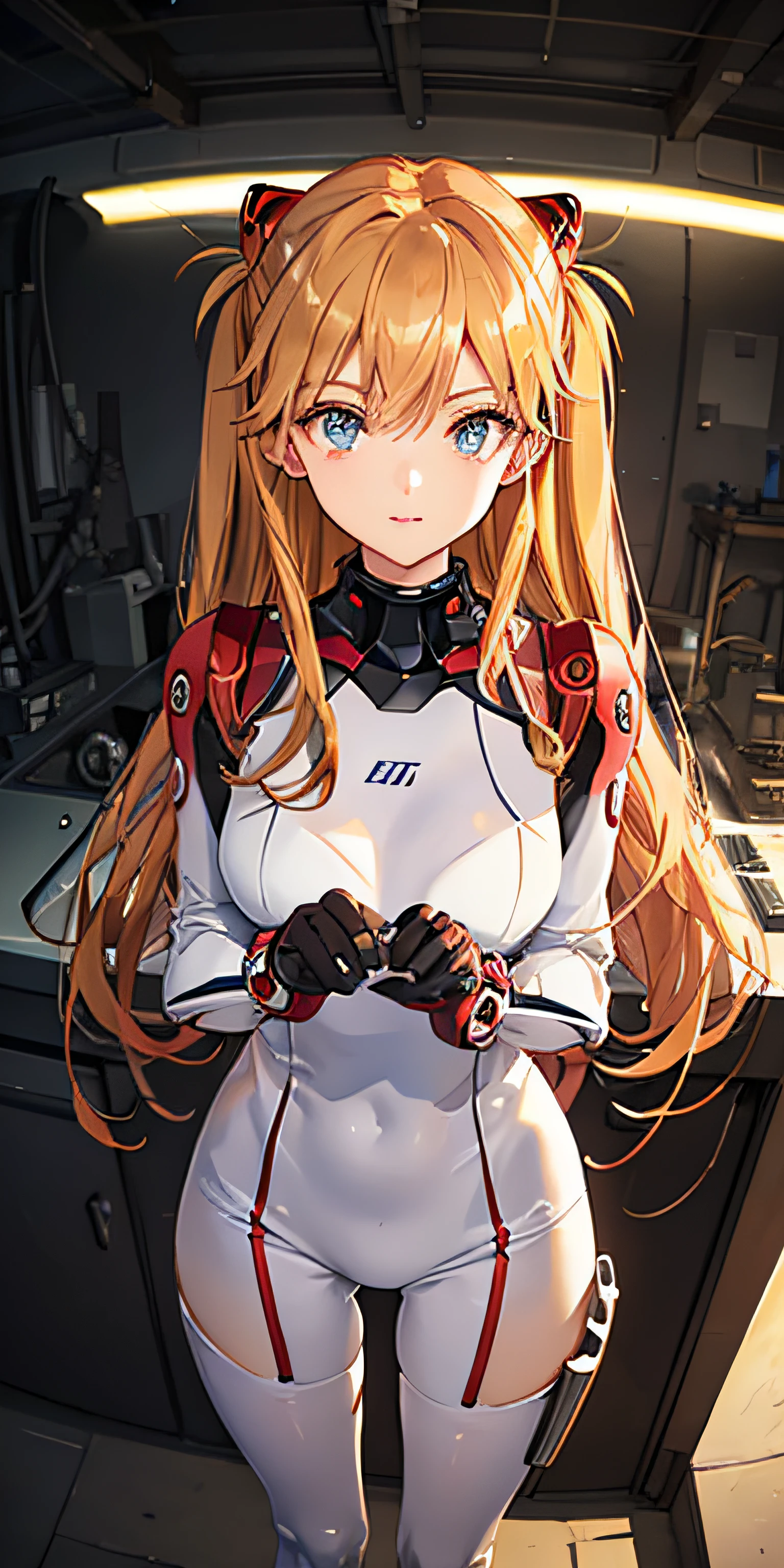 (Overhead view),dynamic angle,ultra-detailed, illustration, close-up, straight on, 1girl, 
 ((souryuu asuka langley, interface headset, red bodysuit:1.4, blonde)),Her eyes shone like dreamy stars,(glowing eyes:1.233),(beautiful and detailed eyes:1.1),(expressionless,closed mouth),(standing), 
(mechanic room with toolsand spaceship windowin a white SPACESHIP),
(night:1.2),dreamy, [[delicate fingers and hands:0.55]::0.85],(detail fingers),