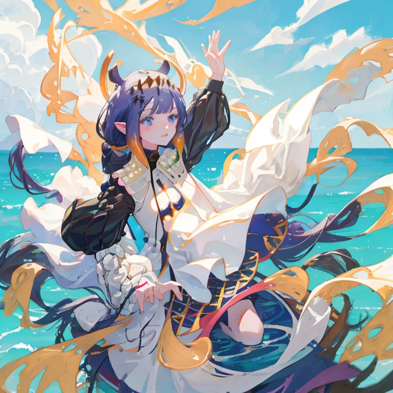 white colored hair, Curly, eye shadow, in a bathrobe, waves his hands in the air, bubbles, the wind, luminous skin, blue skies, dark shadows, Lustrous Hair, Dark halo, glowing eyes, Detailed background, water:1.2, Flowers:1.2, Masterpiece, 8K, woods、Natural background, like a, For example, shore of the lake、Efficient use of light and shadow、 Realistic & ultra realisic, kindness, extremely detail, (Colorful:1.1), (Colorful Background1:1), (#30B3FF:1.5), (#FA52F4:1.1), Dance with Unearthly Creatures, Tarot symbols, bird、bee、 pale skinned man,Medium Hair, Druid, half-elf ,Dressed as a druid,illustartion,Realistic,Harmonious colours,natural lighting, Green clothes, white colored hair, curly hair