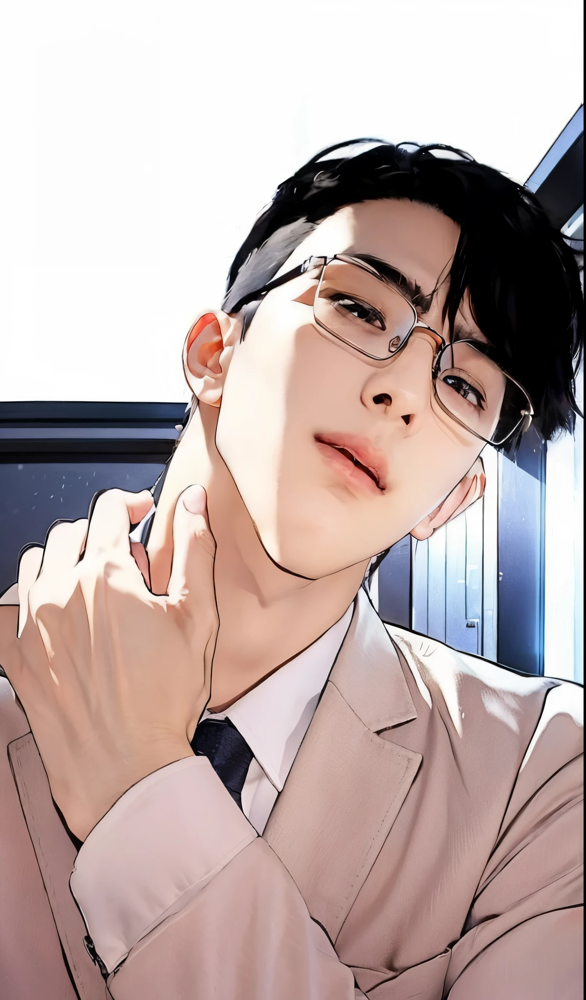 close-up of a man in a suit and glasses, man with realistic short thick black hair, shaved scales, exactly the same hairstyle, realistic beautiful face, realistic expression serious face, adapt the same clothes, realistic realistic light, realistic shadows, Realistic ultra high resolution background.photo-realistic:1.4,UHD.  Realistic，High resolution without, Masterpiece, Best Quality, Ultra-detailed, better shadow, voluminous lighting), Super High Quality, High Resolution, 8K, Hyper-realistic portrait , photorealestic, dinamic lighting, voluminous lighting, Very Detailed Faces, realistic glasses, The head is tilted, narrowed eyes, Realistic mouth, open mouth, hand on neck, realistic white shirt, white vest, Blue Tie, realistic hand on neck, ultra high definition glasses with gold frames.photo-realistic:1.4,UHD.  Realistic，High resolution without, Masterpiece, Best Quality, Ultra-detailed, better shadow, voluminous lighting), Super High Quality, High Resolution, 8K, Hyper-realistic portrait , photorealestic, dinamic lighting, voluminous lighting, Very Detailed Faces,  Smooth face, black realistic eyes, narrow eyes, smooth realistic face
