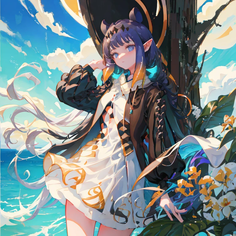 white colored hair, Curly, eye shadow, in a bathrobe, waves his hands in the air, bubbles, the wind, luminous skin, blue skies, dark shadows, Lustrous Hair, Dark halo, glowing eyes, Detailed background, water:1.2, Flowers:1.2, Masterpiece, 8K, woods、Natural background, like a, For example, shore of the lake、Efficient use of light and shadow、 Realistic & ultra realisic, kindness, extremely detail, (Colorful:1.1), (Colorful Background1:1), (#30B3FF:1.5), (#FA52F4:1.1), Dance with Unearthly Creatures, Tarot symbols, bird、bee、 pale skinned man,Medium Hair, Druid, half-elf ,Dressed as a druid,illustartion,Realistic,Harmonious colours,natural lighting, Green clothes, white colored hair, curly hair