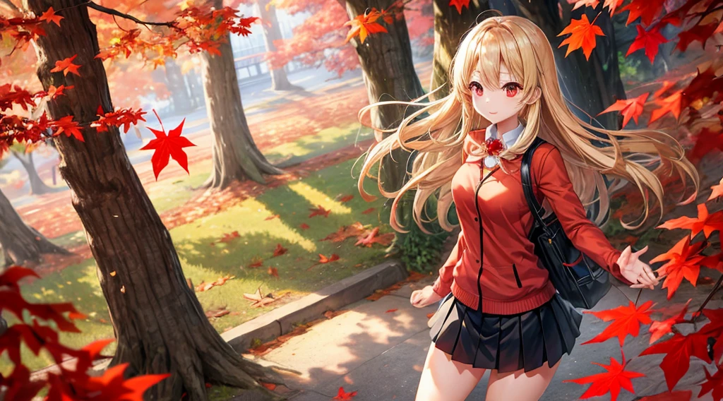 a blond、red eyes、One pretty girl、animesque、a miniskirt、leaves falling、large tree、sullenness、the wind、bicycle、Looking at the camera