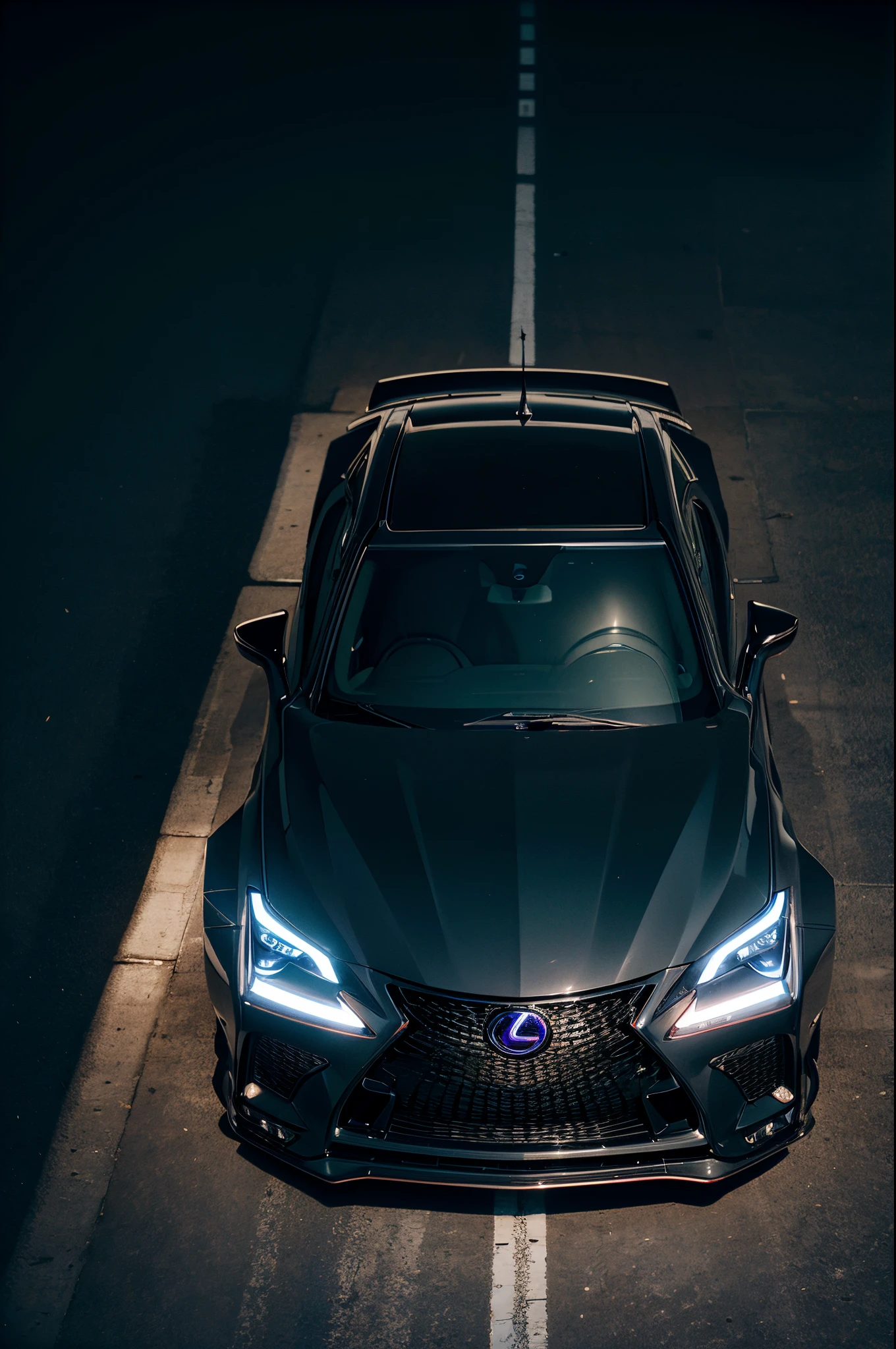 beautiful lexus NX F Sport in a parking lot, dark night, bright headlights, glossy black finish, sleek design, panoramic moonroof, shimmering LED taillights, elegant chrome accents, striking front grille, muscular body, powerful stance, flawless paint job, luxurious leather seats, advanced infotainment system, Sport mode, cutting-edge technology, immersive audio system, comfortable and spacious cabin, intuitive controls, smooth and responsive handling, dynamic performance, precision engineered, exceptional build quality, high-resolution 4K display, professional studio lighting, vibrant colors, realistic reflections, detailed shadows, dramatic contrast, cinematic atmosphere