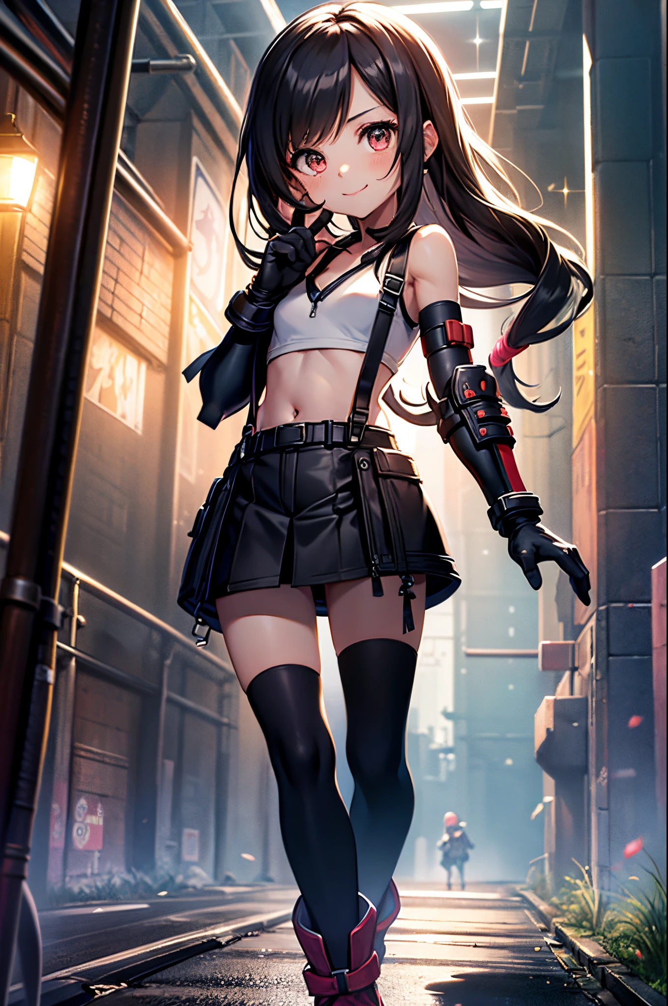 (masterpiece), best quality, expressive eyes, perfect face, 1girl, ((, flat chested, lolicute, petite)), solo,7rtifa, crop top, arm guards, fingerless gloves, suspenders, pleated miniskirt, black thighhighs, red boots
city, metallic city, night, smiling, posing, standing, portrait, looking at the viewer,