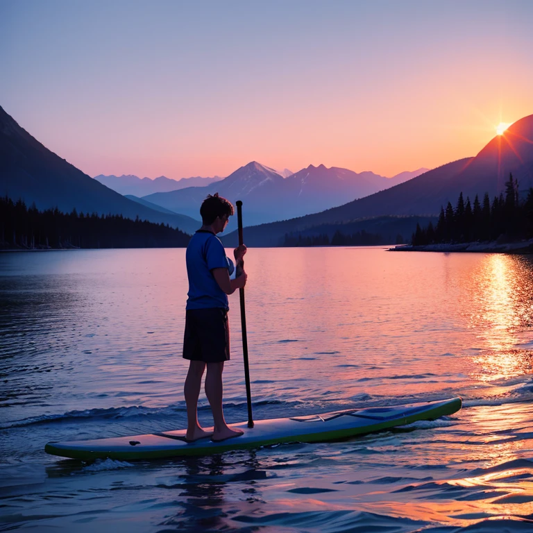 One man alone standing in his stand up paddle in the middle of the lake, sundown, mountains