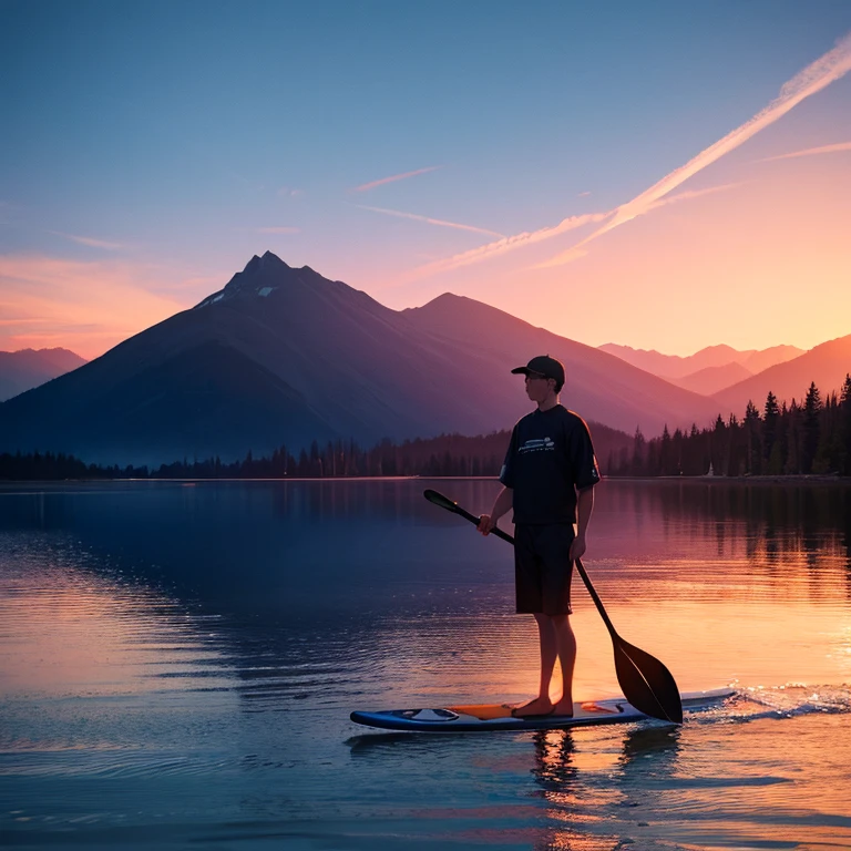 One man alone standing in his stand up paddle in the middle of the lake, sundown, mountains