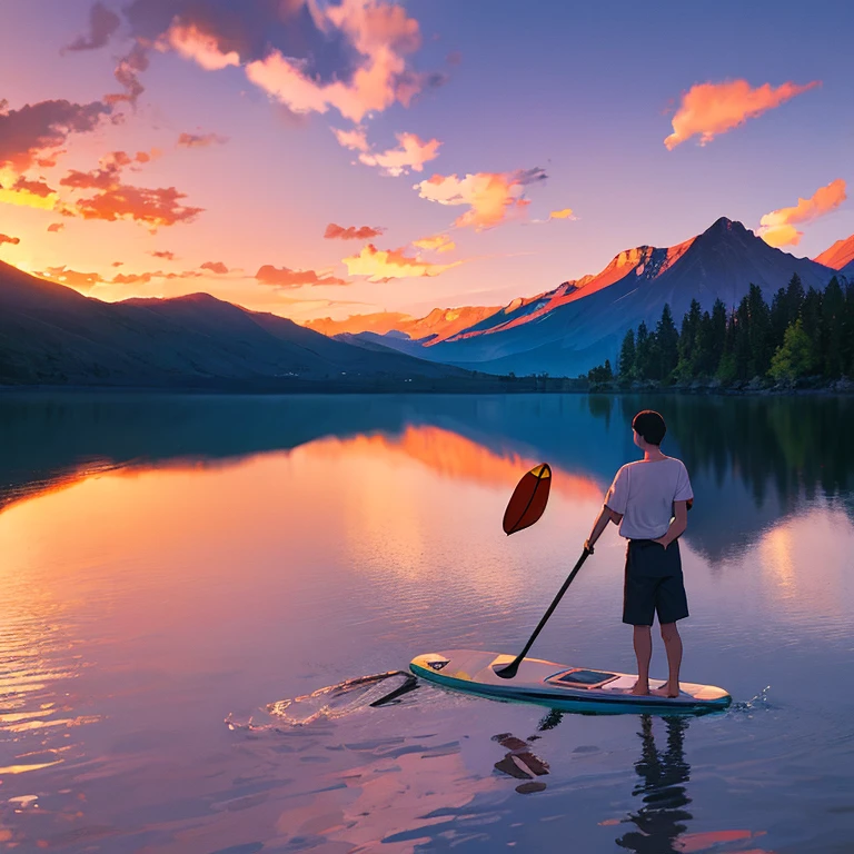 One man alone standing in his stand up paddle in the middle of the lake, sundown, mountains