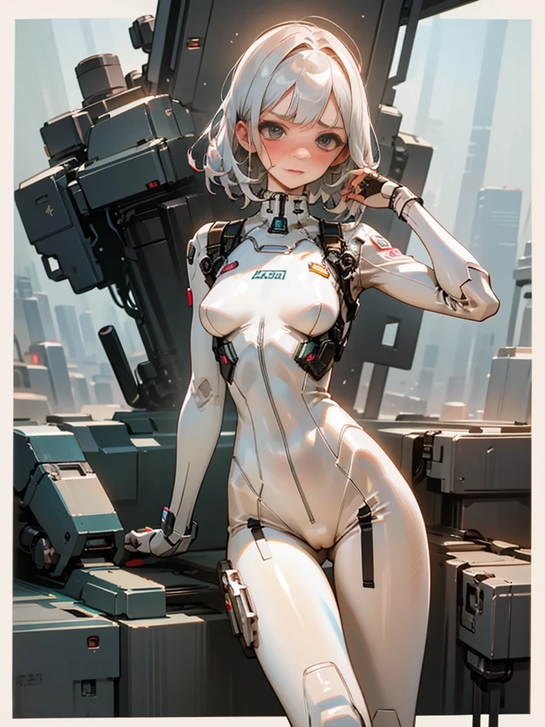 1girl in, bodysuit space suit, tight-fitting suit,white mechanical bodysuit,Cyberpunk Suit,angry, Full face blush, Dress Lift, NSFW, silver mechanical panties, garter strap,, 细致背景, masterpiece, top-quality,