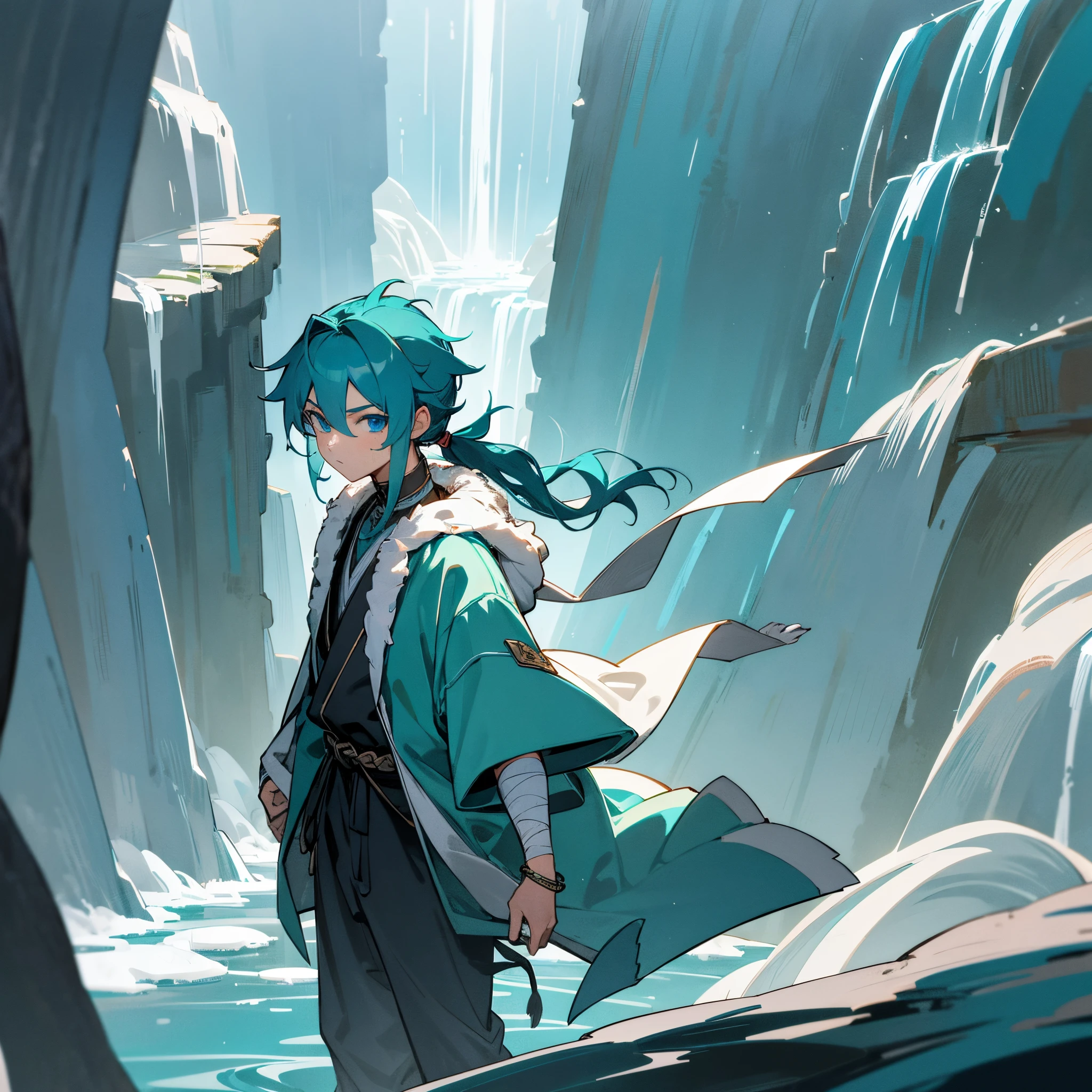 1male, , short wavy low ponytail, teal colored hair, finely detailed blue eyes, casual adventurous clothes, jacket with fur hood, bandages wrapped around one arm, bracelet, forest, grotto, waterfall, small shrine, walking down path, serious