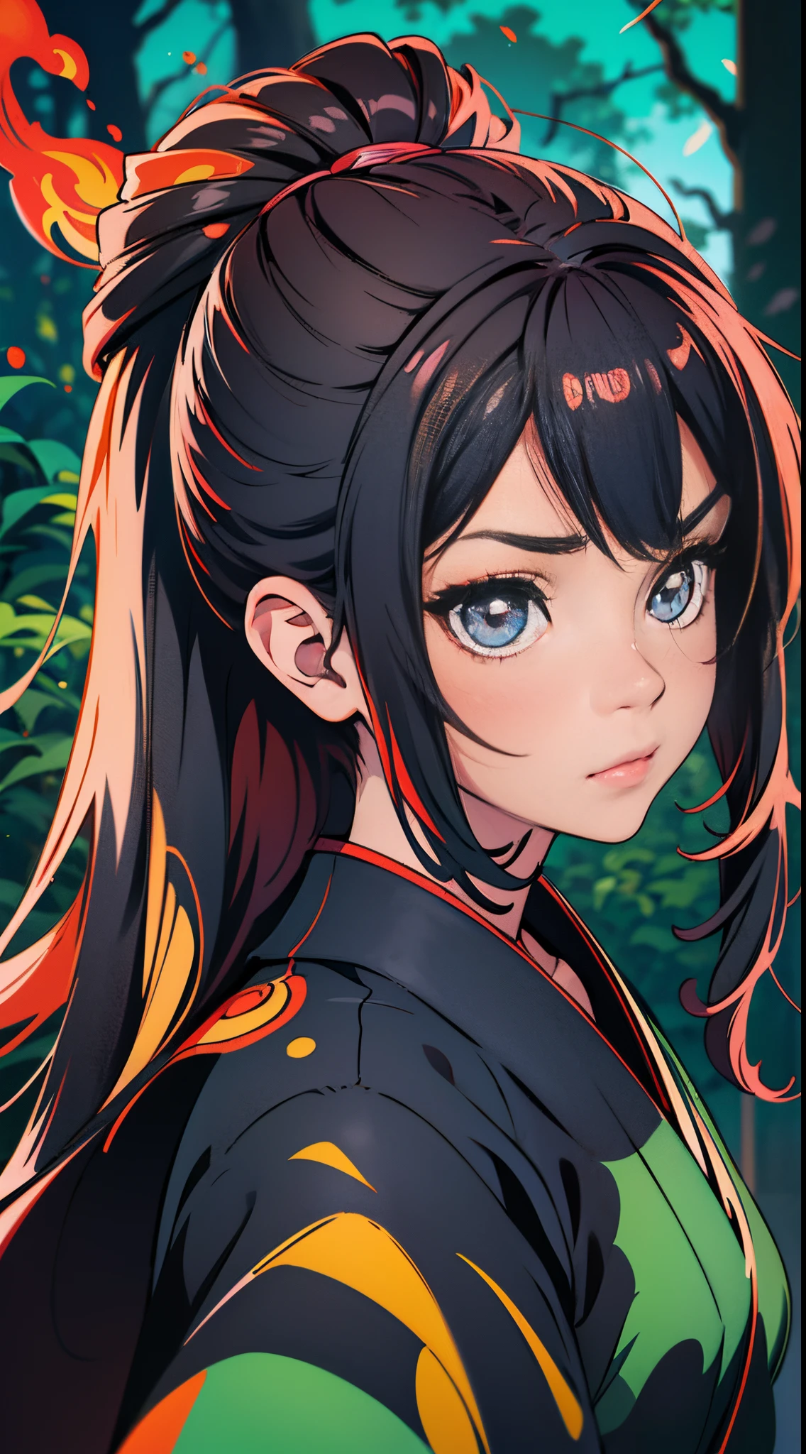 kimetsu no yaiba style, 1girl, solo, Ojos negros, cabello rojo brillante, Pelo extra muy largo, ((Obra maestra)), ((Retrato de un)), The forest is on fire, Lessolo is on fire, la noche, ((Obra maestra)), (((HiQuality))), Ropa japonesa, kimono negro, sin mangas, Mangas separadas, black nails, sombras azules --auto --s2