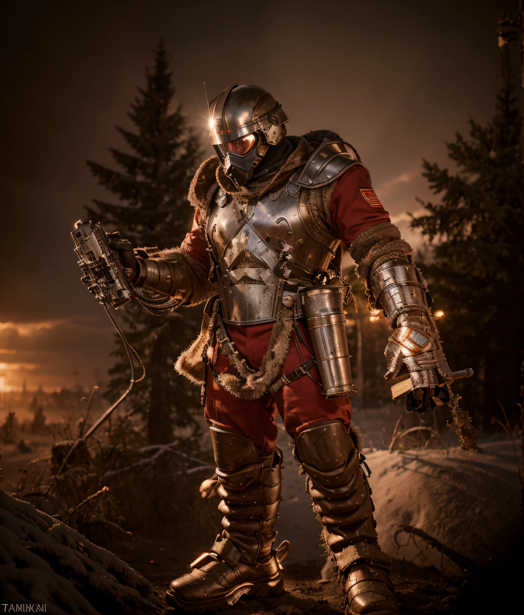 Soviet male soldier, painted Soviet symbols, matte brown metal armor, tubes and cables, dark red uniform, in his hands he has Tesla cannons, electric rays come out, metal boots, metal plate armor, he is in a Polish forest, snowy day, red sky, 4k, ultra image detailed, realistic, Highly detailed, perfect composition, splendid, Intricately detailed, incredibly detailed, Art photography 8K, hyper detailed, Masterpiece, Ultra detailed, hyper realistic, 4k, Ultra detailed image, realistic, Highly detailed , perfect composition, gorgeous, Intricately detailed, incredibly detailed, 8K fine art photography, hyper detailed, masterpiece