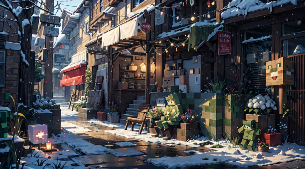 (Minecraft golem finely detailed)(sitting in remote area finely detailed) with a Studio Ghibli animation aesthetic. Picture the golem sitting sideways in a desolate corner of the city, wearing a cozy scarf. The expression on the golem's face should convey a mix of calmness, loneliness, and a touch of sadness. Set the scene in a snowy ambiance with gently falling snow, creating a serene yet melancholic atmosphere."