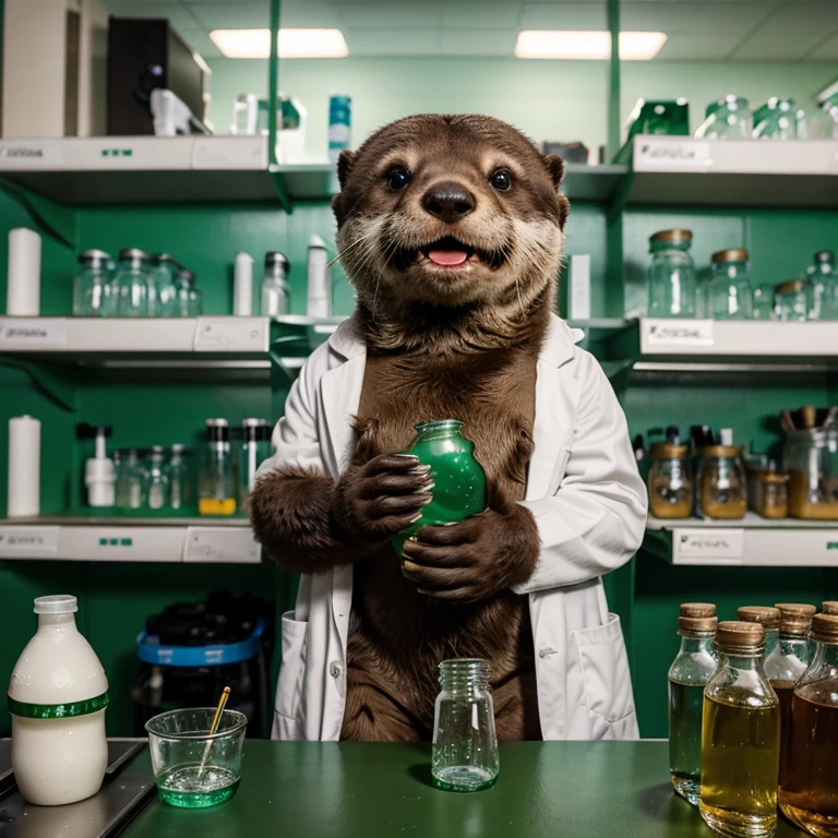 In the photo there is a hairy anthropomorphic otter wearing a lab coat, , in a laboratory setting. His eyes are extremely cute, e ela sorri levemente. 3d animation, has 8K resolution. The image of the otter highlights its coat and curious posture as it carries out a scientific experiment, your hands hold a green bottle. This photograph perfectly represents the union between the cuteness of otters and the application of biotechnology in a scientific environment.. In the background there is a DNA molecule decoration.