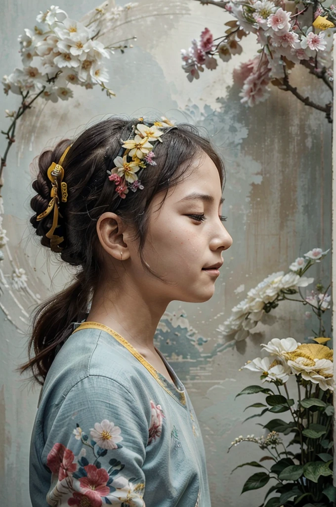 ((side view)) closed eyes , dreaming , little smiling , Chinese teenager , 9 yo , with flowers on her head , in the style of classical paintings , organic and naturalistic compositions, floral explosions, ,soft light  blue and yellow ,  red wall with floral pattern , indoor scene ,  serene faces