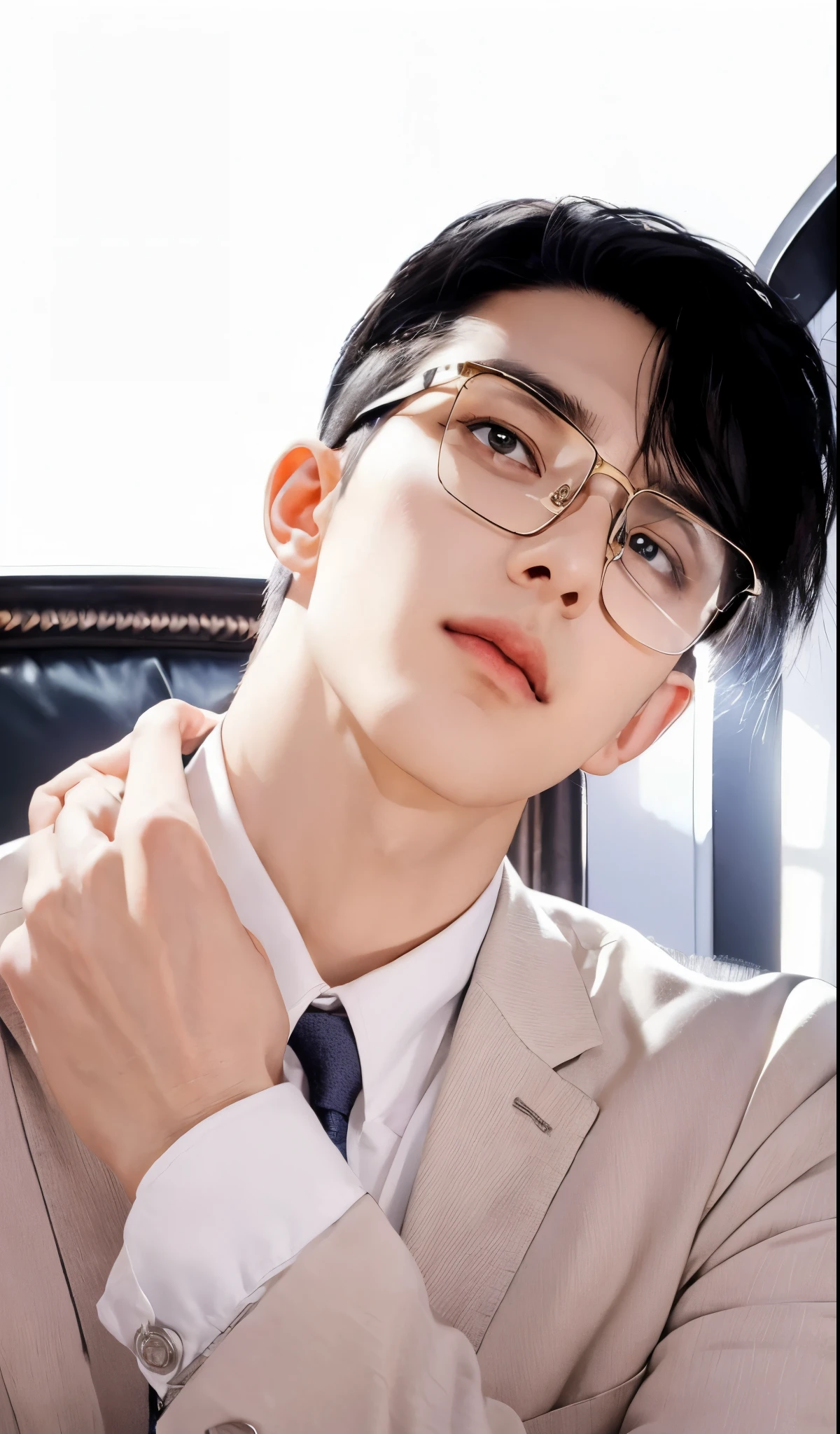 close-up of a man in a suit and glasses, man with realistic short thick black hair, shaved scales, exactly the same hairstyle, realistic beautiful face, realistic expression serious face, adapt the same clothes, realistic realistic light, realistic shadows, Realistic ultra high resolution background.photo-realistic:1.4,UHD. Realistic,High resolution without, Masterpiece, Best Quality, Ultra-detailed, better shadow, voluminous lighting), Super High Quality, High Resolution, 8K, Hyper-realistic portrait , photorealestic, dinamic lighting, voluminous lighting, Very Detailed Faces, realistic glasses, The head is tilted, narrowed eyes, Realistic mouth, open mouth, hand on neck, realistic white shirt, white vest, Blue Tie, realistic hand on neck, ultra high definition glasses with gold frames.photo-realistic:1.4,UHD. Realistic,High resolution without, Masterpiece, Best Quality, Ultra-detailed, better shadow, voluminous lighting), Super High Quality, High Resolution, 8K, Hyper-realistic portrait , photorealestic, dinamic lighting, voluminous lighting, Very Detailed Faces, Smooth face, black realistic eyes, narrow eyes, smooth realistic face, Black Eyes, dark eyes, black realistic eyes