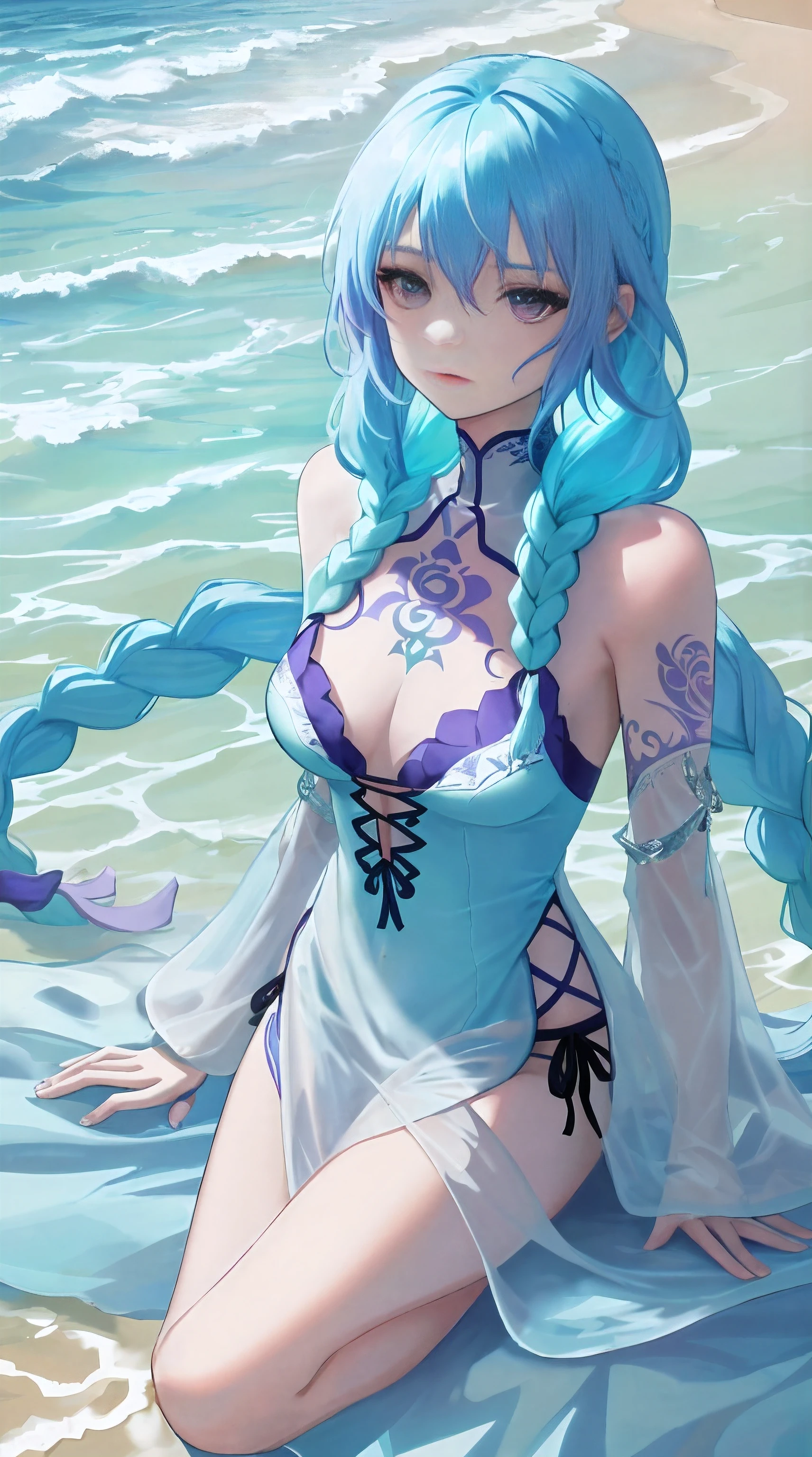 On the beach there is a girl wearing a light cyan long dress with tattoos on her body, light purple hair, long braids, lewd expression, seductive posture, with a perfect body, full body close-up