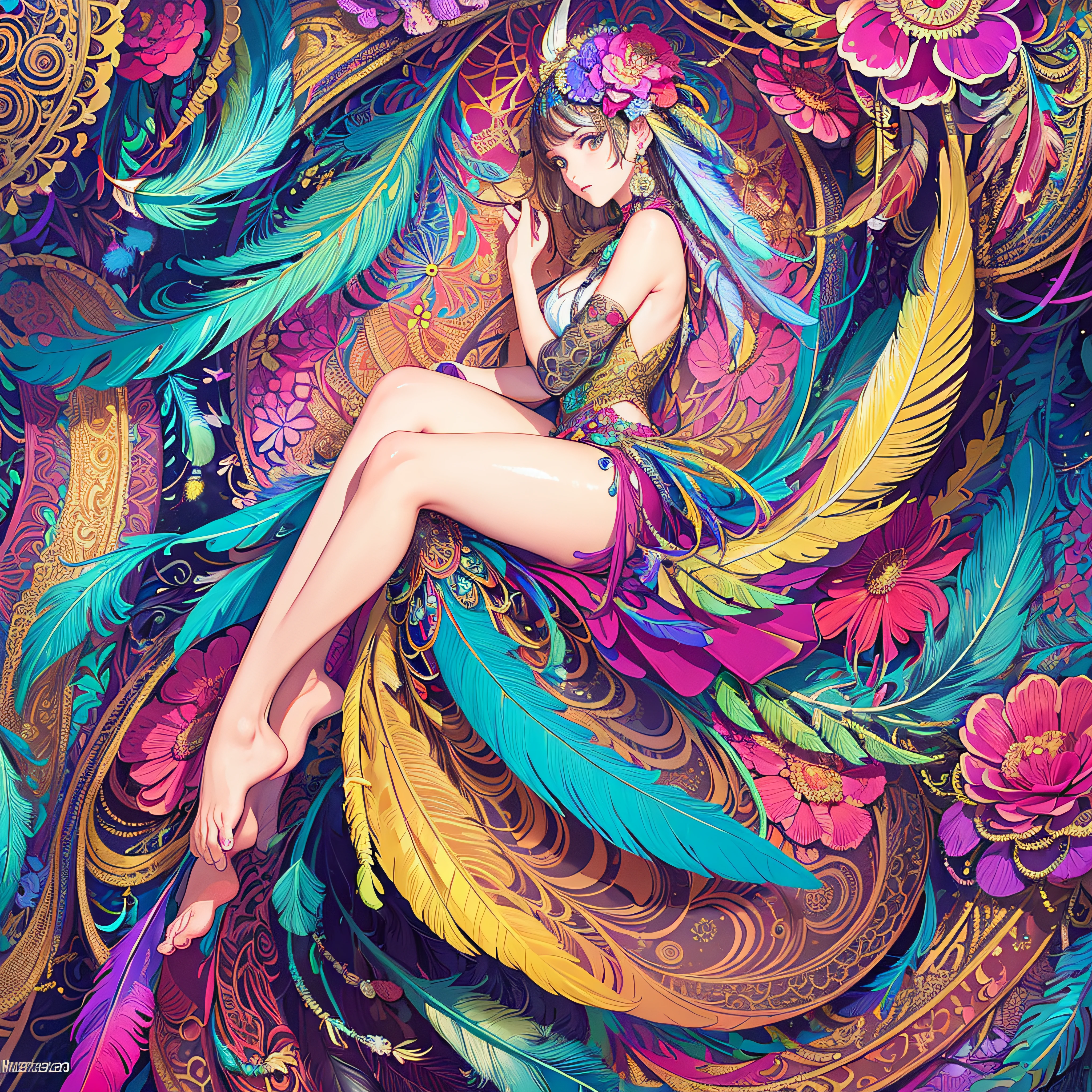 (masterpiece, top quality, best quality, official art, beautiful and aesthetic:1.2), (1girl:1.3), extremely detailed,(fractal art:1.1),(colorful:1.1)(flowers:1.3),highest detailed,(zentangle:1.2), full body, (abstract background:1.3), (shiny skin), (many colors:1.4), ,(earrings), (feathers:1.5),
