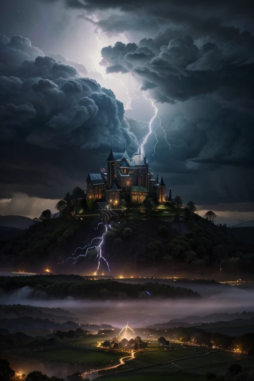 (best quality, highres, ultra-detailed), magical sheep made of thunder, magical ram made of lightning, vibrant colors, surrealistic, thunderous storm, epic proportions, mystical atmosphere, remote location, majestic landscape, ancient trees, rolling hills, sparkling rivers, dramatic lighting, enchanting glow, hidden treasures, mystic aura, magnificent horns, crackling energy, dynamic poses, regal presence, awe-inspiring sight, ethereal beauty, mystical powers, thunderous rumble, king with a regal crown, bustling village, curious townspeople, harmonious coexistence