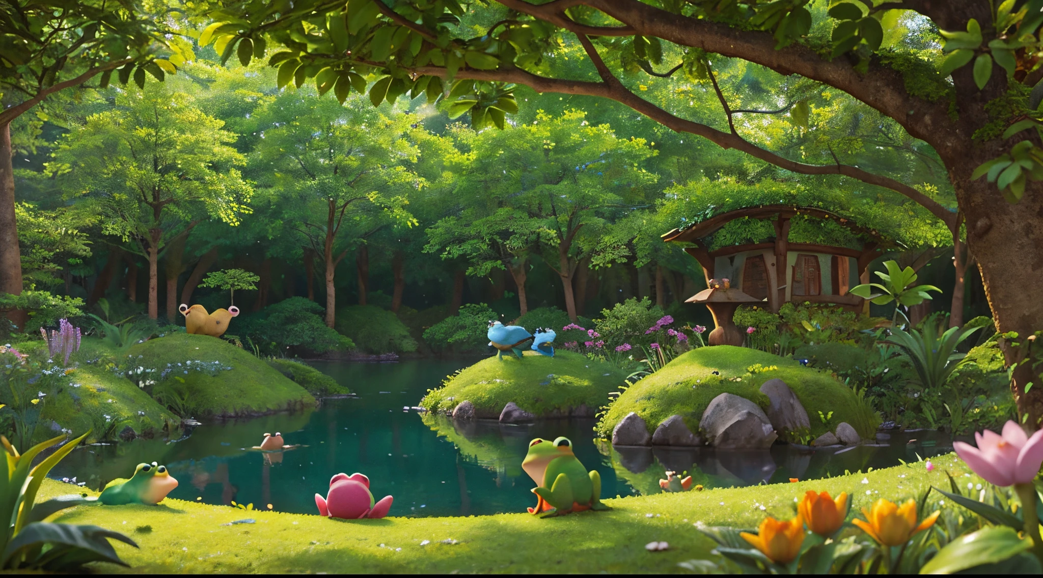Once upon a time there was an enchanted forest with lots of frogs of all colors, nela nessa floresta tinha um lago bem bonito e alguns sapinhos em pedras todos felizes.